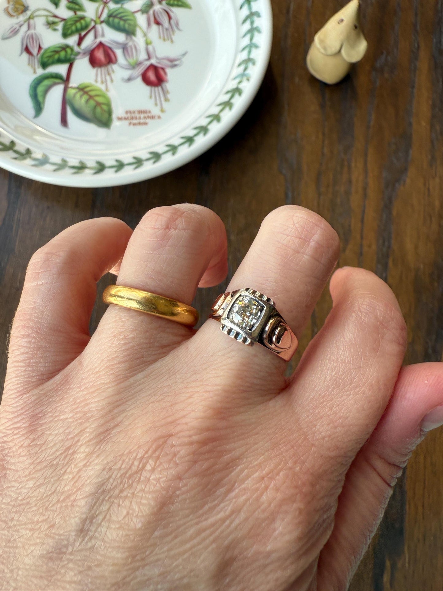 Floral .5 Carat Old Mine Cut Diamond 18k Gold Rosy Antique Solitaire Ring Square Bezel Unique Chunky Engagement Wedding