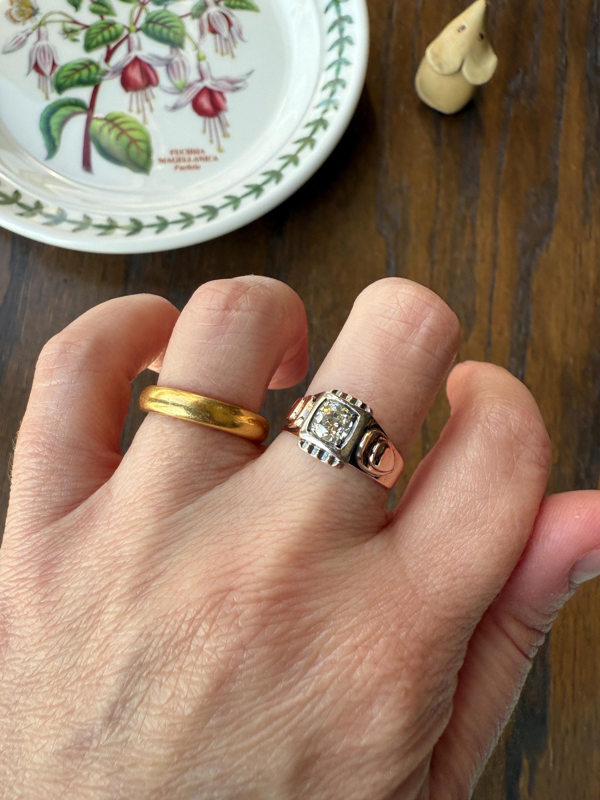 Floral .5 Carat Old Mine Cut Diamond 18k Gold Rosy Antique Solitaire Ring Square Bezel Unique Chunky Engagement Wedding