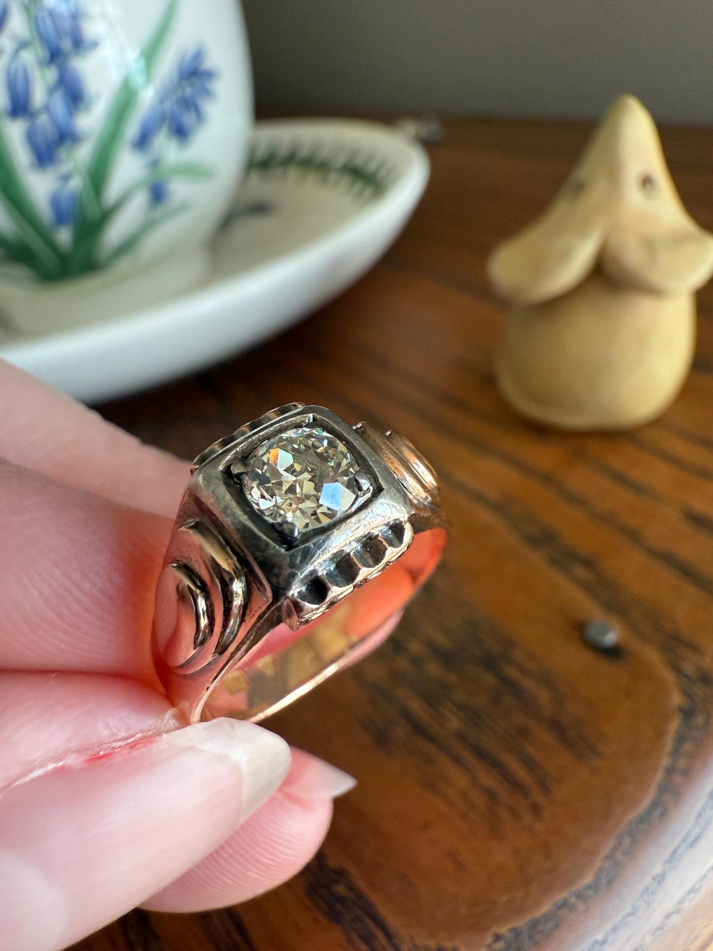 Floral .5 Carat Old Mine Cut Diamond 18k Gold Rosy Antique Solitaire Ring Square Bezel Unique Chunky Engagement Wedding