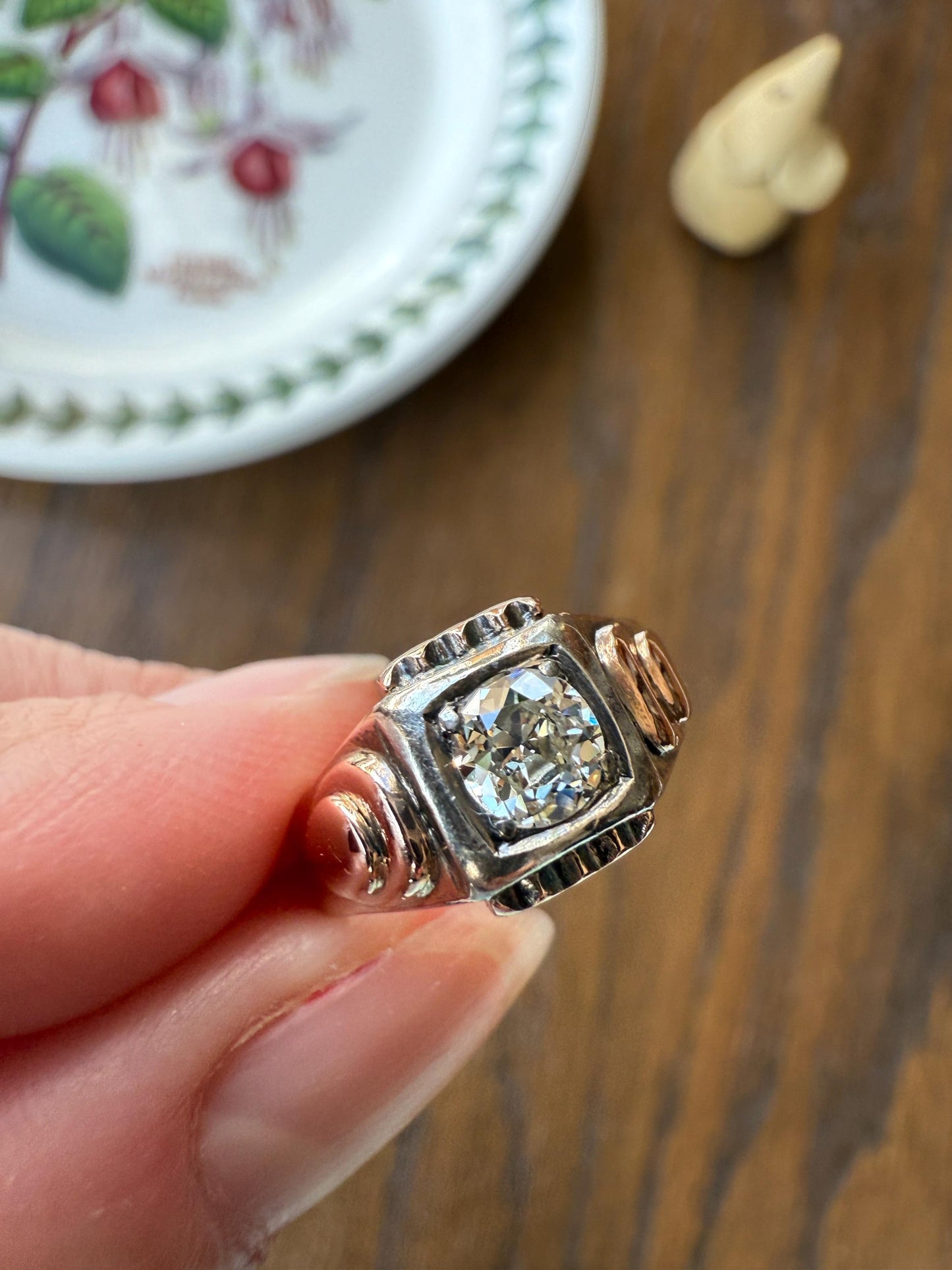 Floral .5 Carat Old Mine Cut Diamond 18k Gold Rosy Antique Solitaire Ring Square Bezel Unique Chunky Engagement Wedding