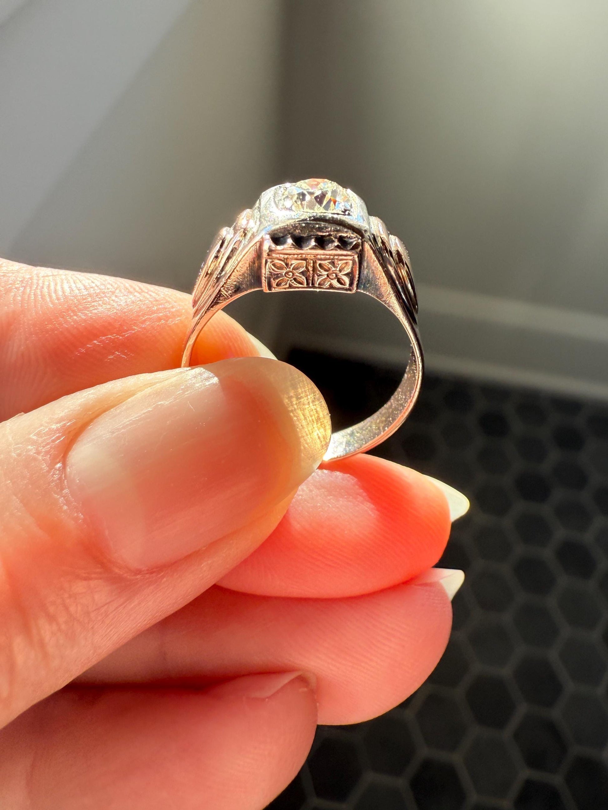 Floral .5 Carat Old Mine Cut Diamond 18k Gold Rosy Antique Solitaire Ring Square Bezel Unique Chunky Engagement Wedding