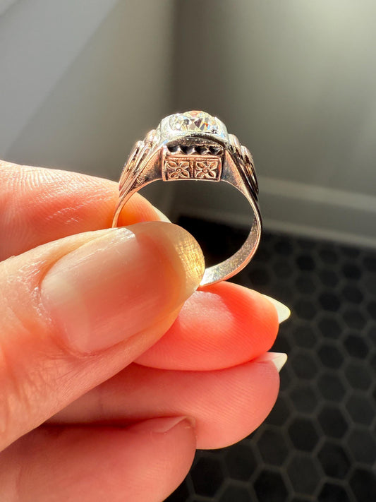 Floral .5 Carat Old Mine Cut Diamond 18k Gold Rosy Antique Solitaire Ring Square Bezel Unique Chunky Engagement Wedding