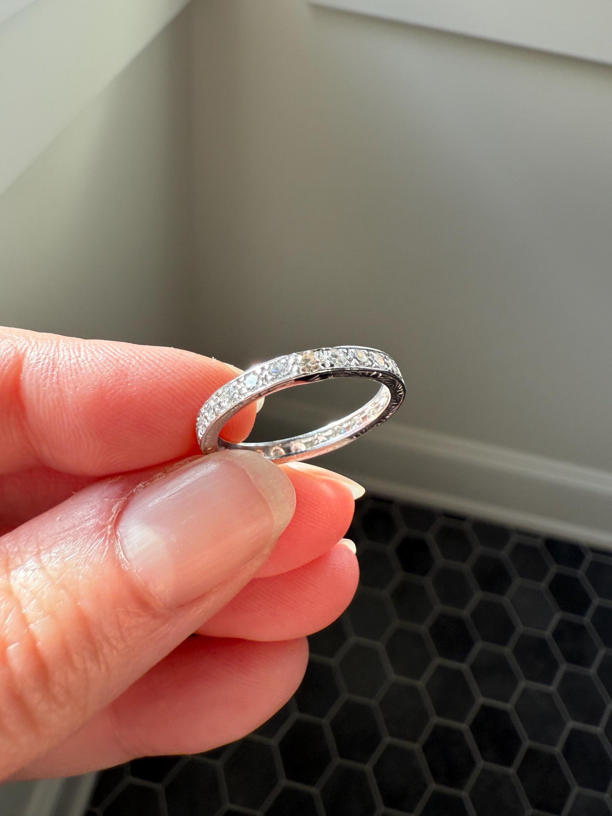 Antique Edwardian Art Deco .8 Carat 26 Old Mine Single Cut DIAMOND Platinum FULL ETERNITY Band Ring Wedding .8Ctw Tdw OmC Stacker