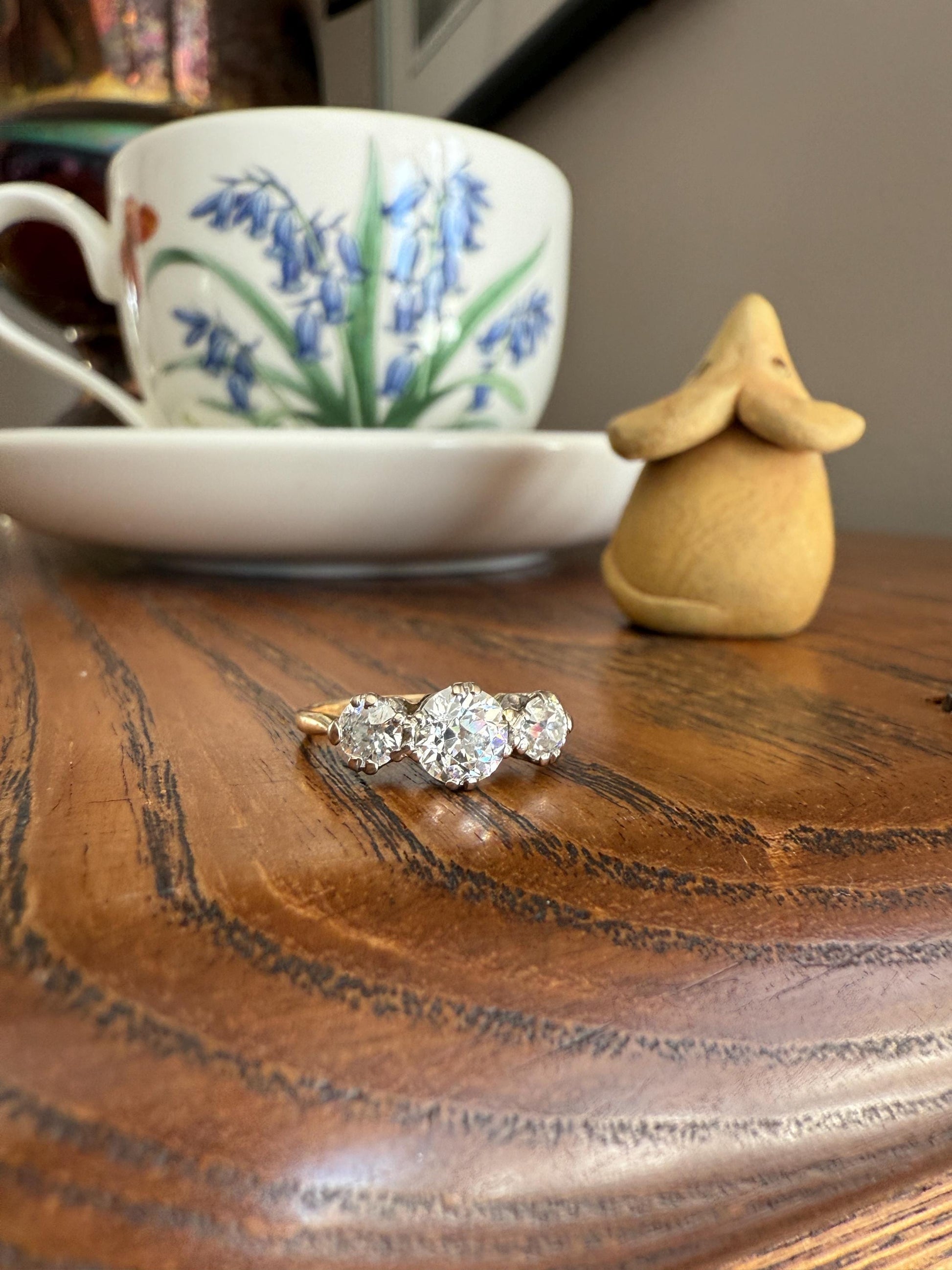 Antique Three Stone 1.25 Carat Old Mine Cut DiAMOND Ring 18k GOLD Stacker Band 1.25Ctw OMC Trilogy Anniversary Wedding Engagement