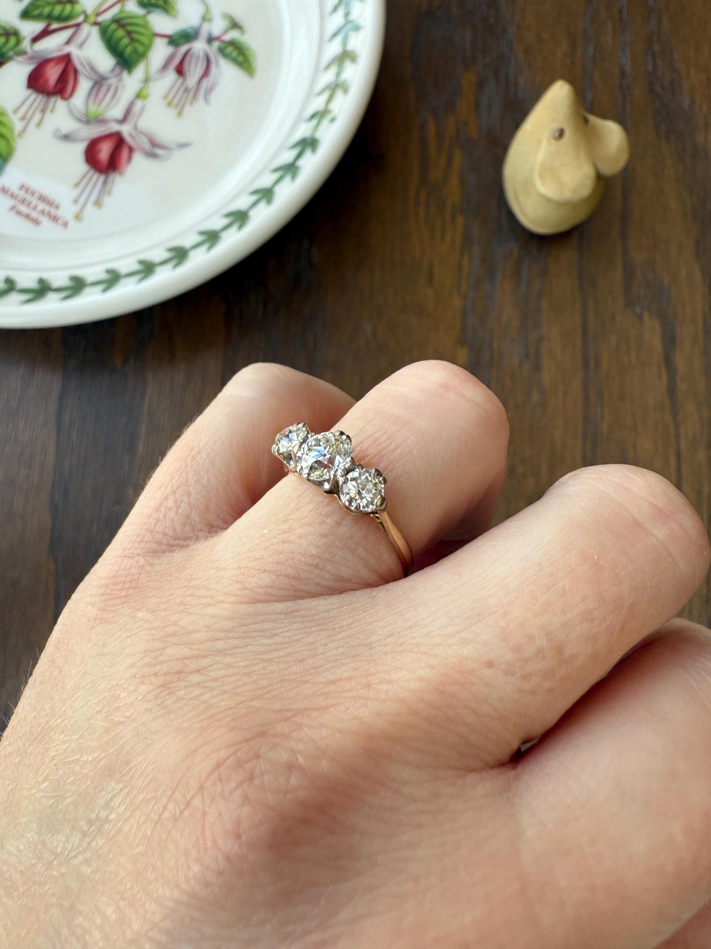 Antique Three Stone 1.25 Carat Old Mine Cut DiAMOND Ring 18k GOLD Stacker Band 1.25Ctw OMC Trilogy Anniversary Wedding Engagement