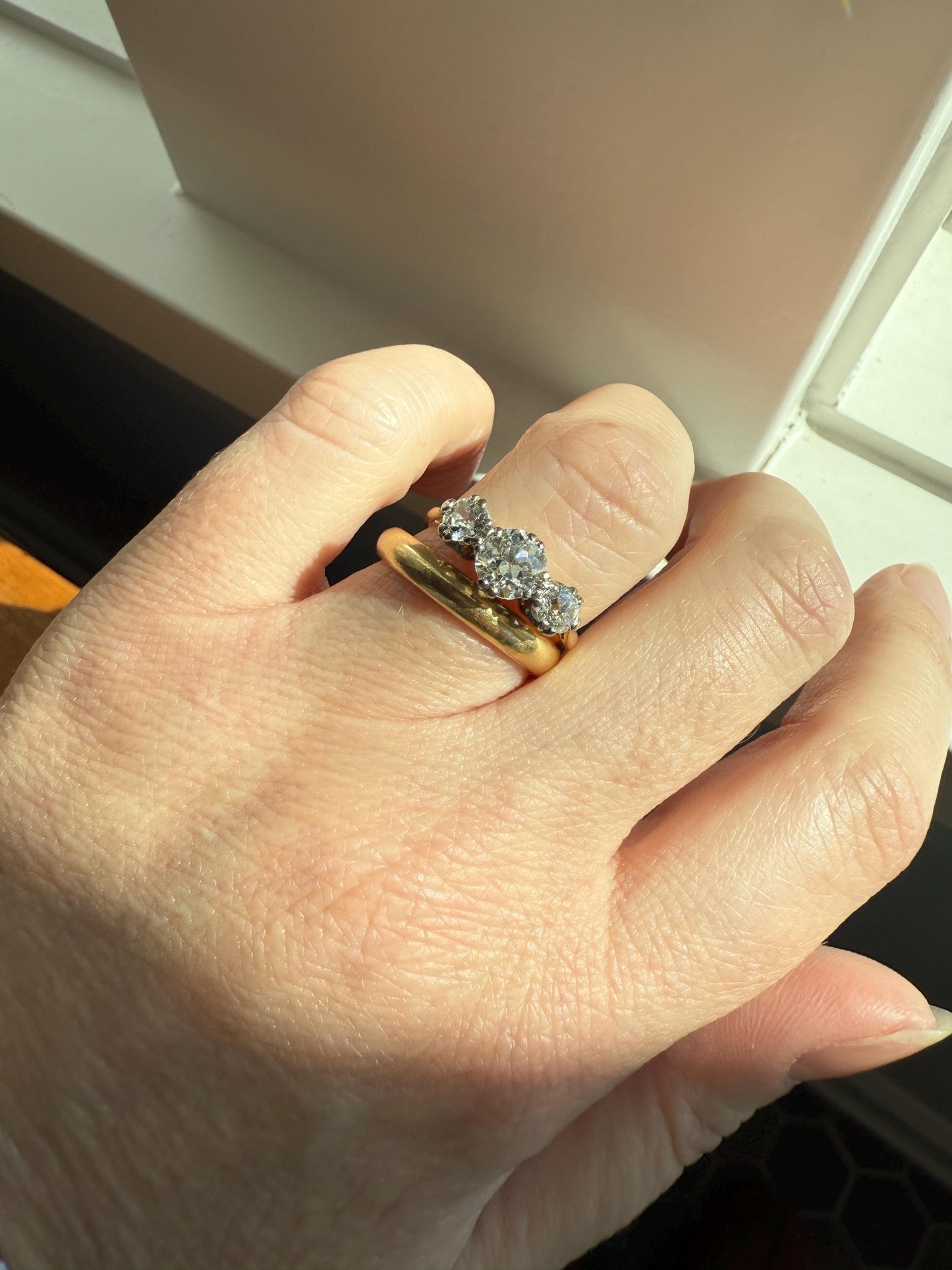 Antique Three Stone 1.25 Carat Old Mine Cut DiAMOND Ring 18k GOLD Stacker Band 1.25Ctw OMC Trilogy Anniversary Wedding Engagement