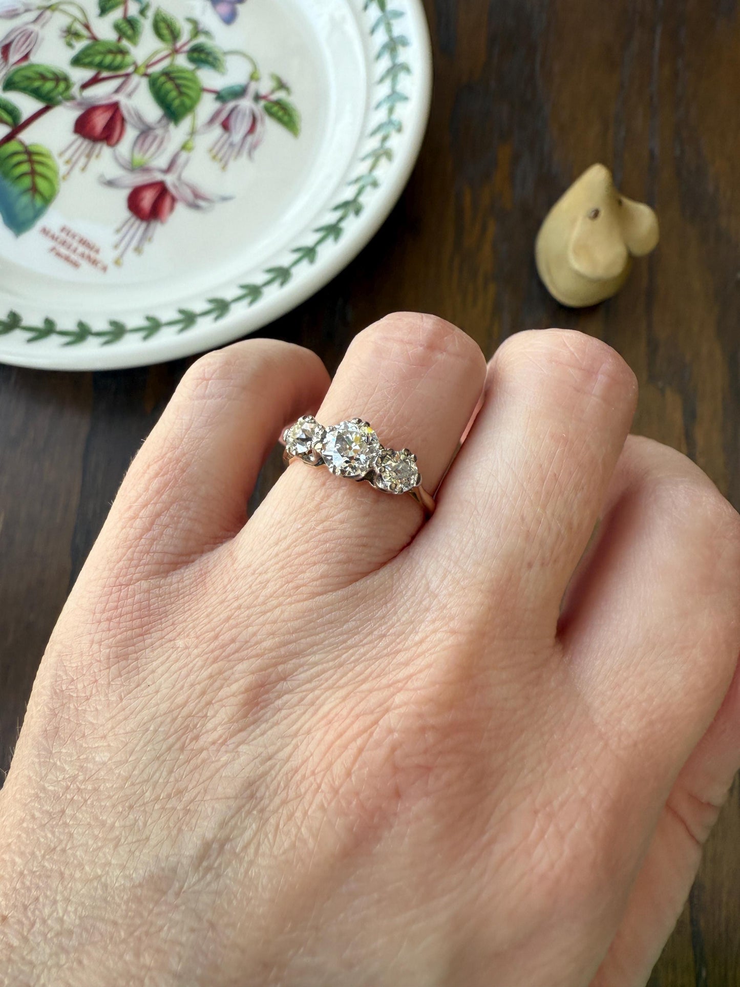 Antique Three Stone 1.25 Carat Old Mine Cut DiAMOND Ring 18k GOLD Stacker Band 1.25Ctw OMC Trilogy Anniversary Wedding Engagement