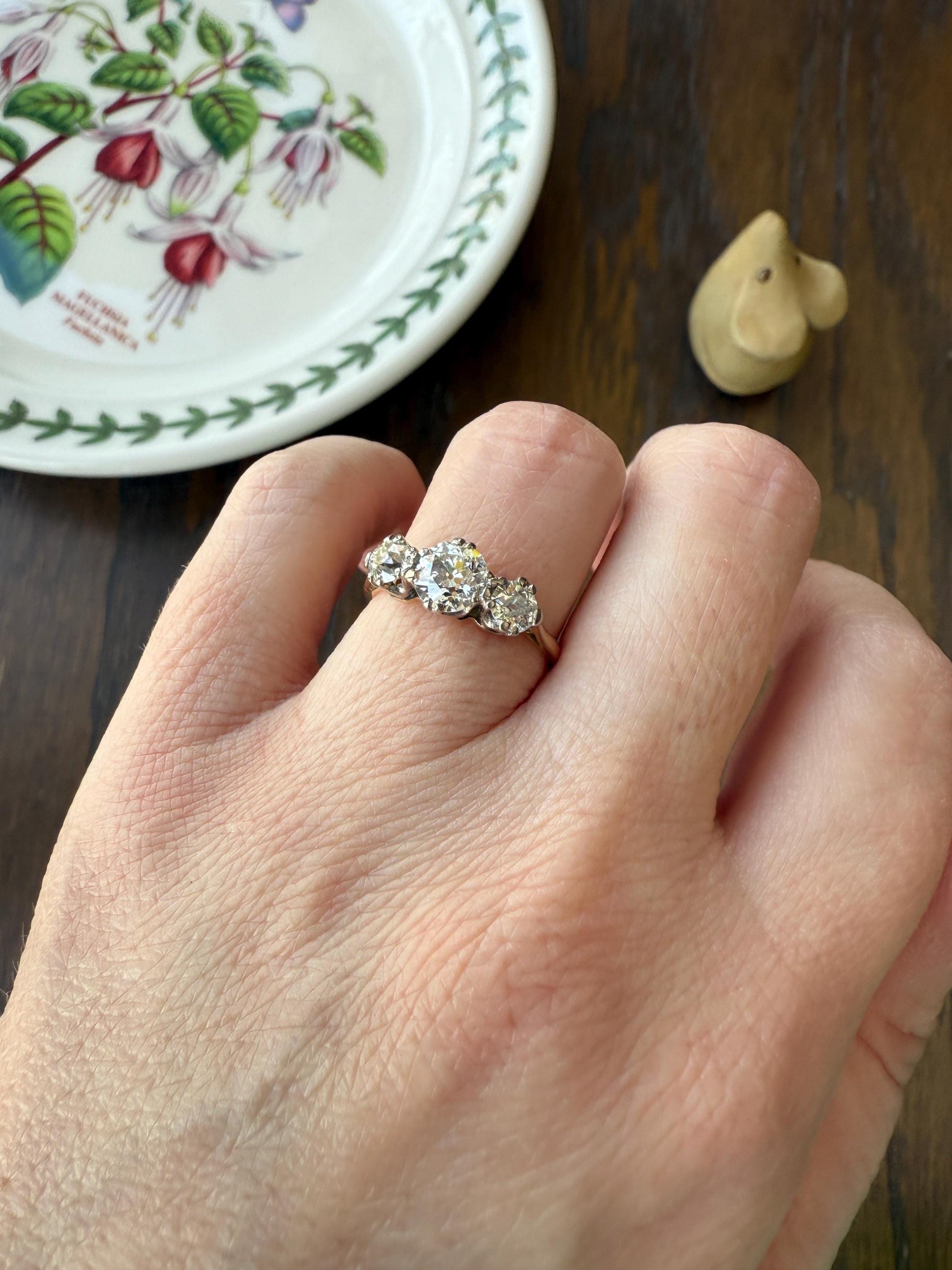 Antique Three Stone 1.25 Carat Old Mine Cut DiAMOND Ring 18k GOLD Stacker Band 1.25Ctw OMC Trilogy Anniversary Wedding Engagement