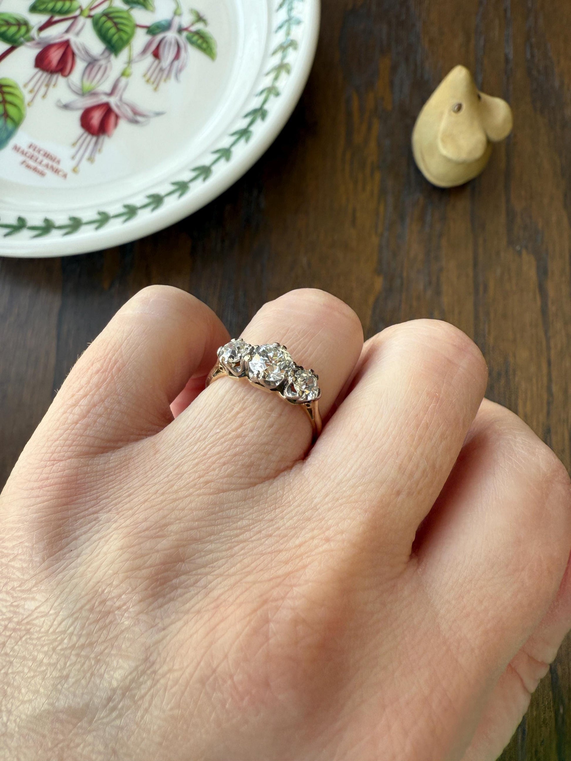 Antique Three Stone 1.25 Carat Old Mine Cut DiAMOND Ring 18k GOLD Stacker Band 1.25Ctw OMC Trilogy Anniversary Wedding Engagement