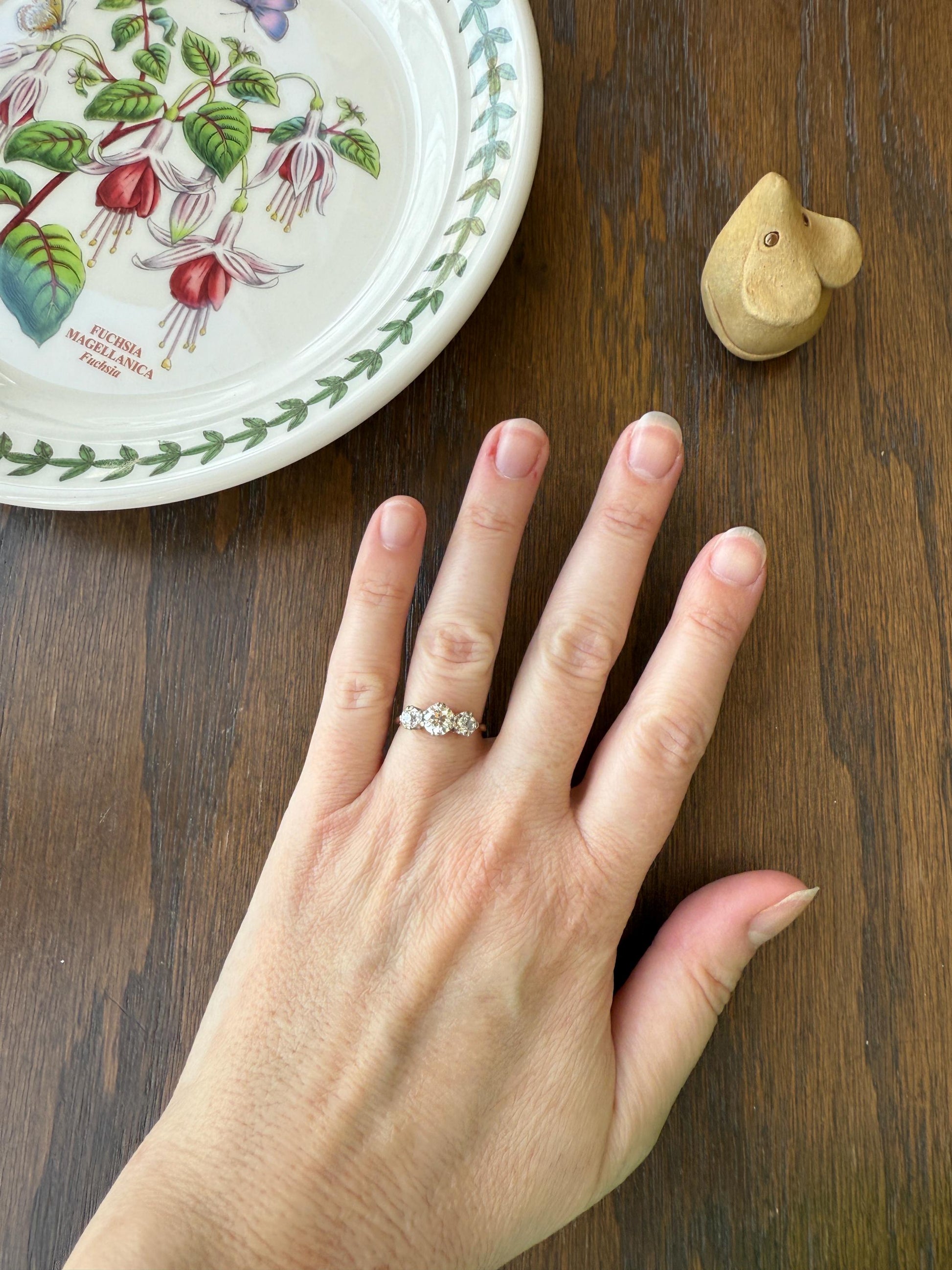 Antique Three Stone 1.25 Carat Old Mine Cut DiAMOND Ring 18k GOLD Stacker Band 1.25Ctw OMC Trilogy Anniversary Wedding Engagement