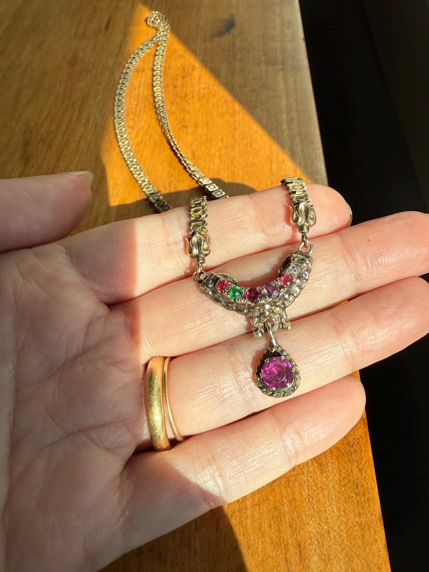 Belle's REGARD Rose Cut Diamond Paste Amethyst Garnet Emerald Antique VICTORIAN Book Chain Necklace Pendant 10k Pale Gold Figural Acrostic