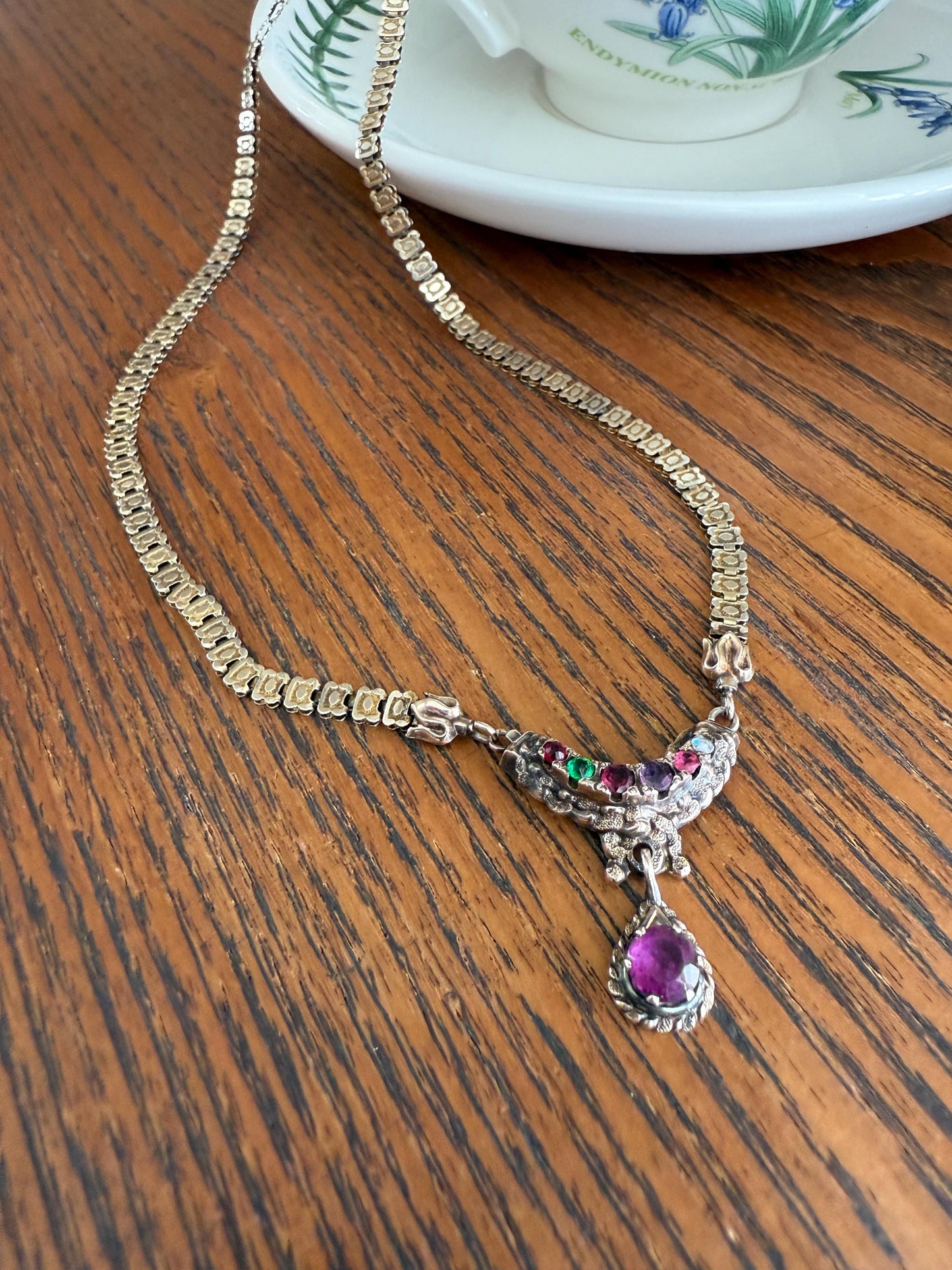 Belle's REGARD Rose Cut Diamond Paste Amethyst Garnet Emerald Antique VICTORIAN Book Chain Necklace Pendant 10k Pale Gold Figural Acrostic
