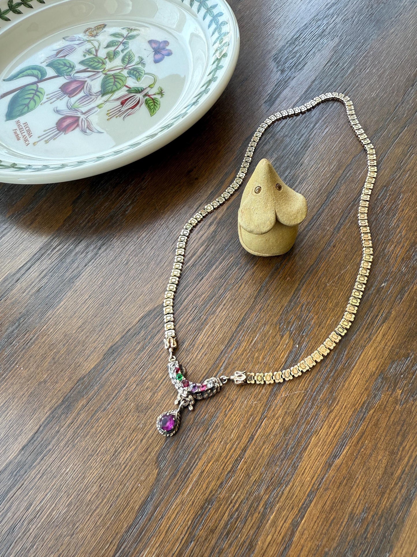 Belle's REGARD Rose Cut Diamond Paste Amethyst Garnet Emerald Antique VICTORIAN Book Chain Necklace Pendant 10k Pale Gold Figural Acrostic