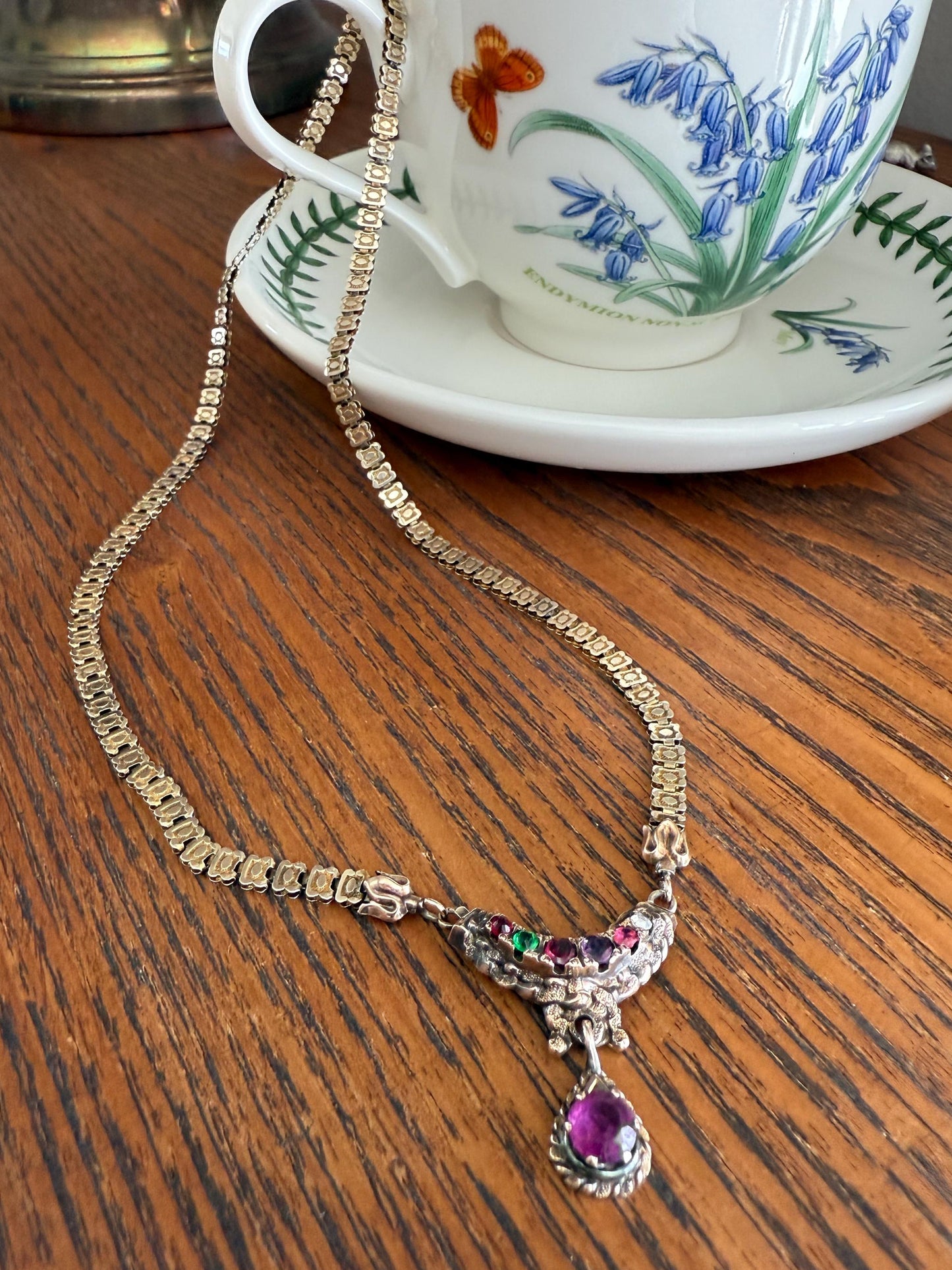Belle's REGARD Rose Cut Diamond Paste Amethyst Garnet Emerald Antique VICTORIAN Book Chain Necklace Pendant 10k Pale Gold Figural Acrostic