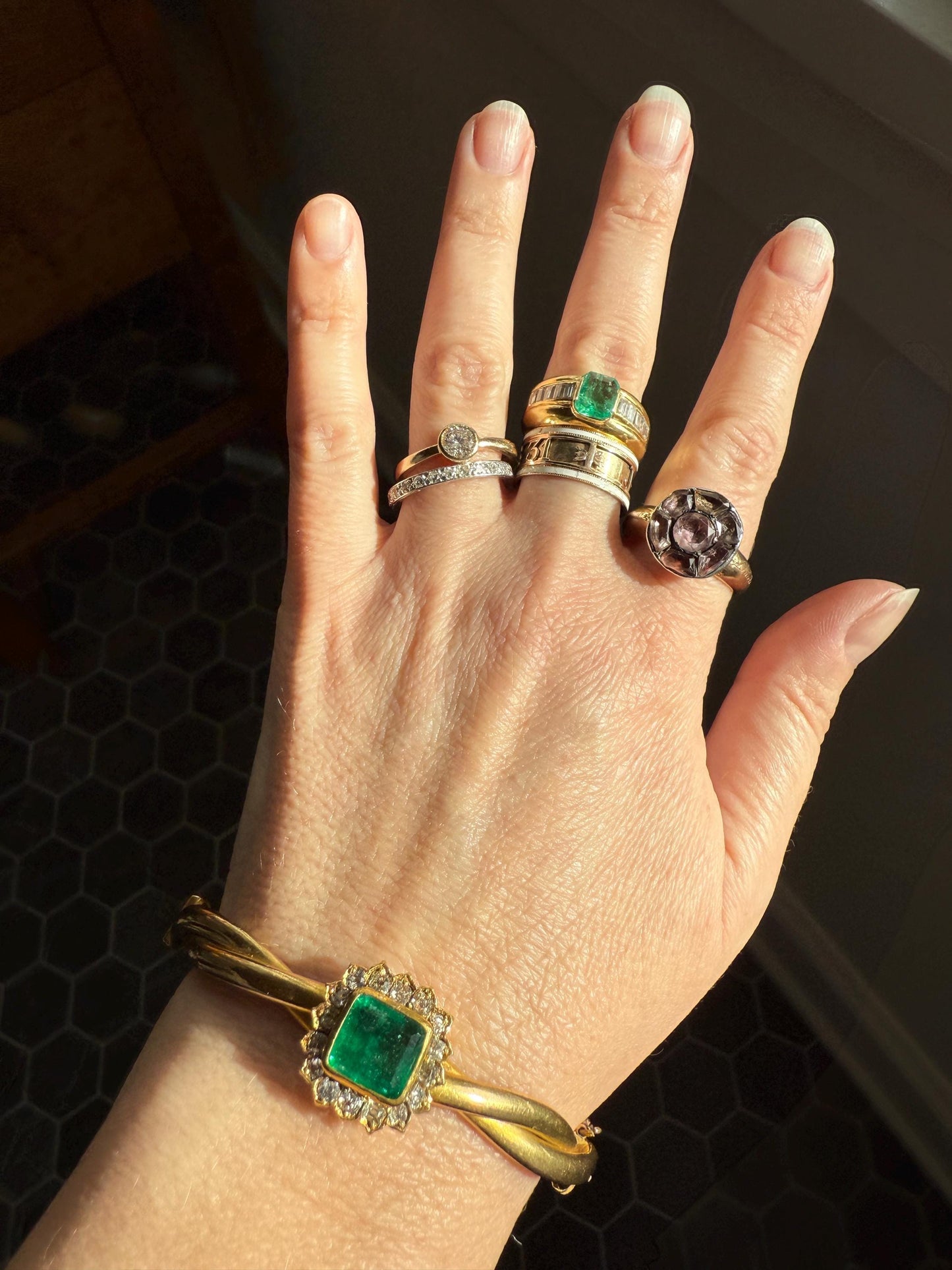 Antique Green Natural EMERALD Old Mine Cut Diamond Halo Hinged Bangle Bracelet 14k Solid Gold Rosy & YG Glowing Victorian Edwardian Twist