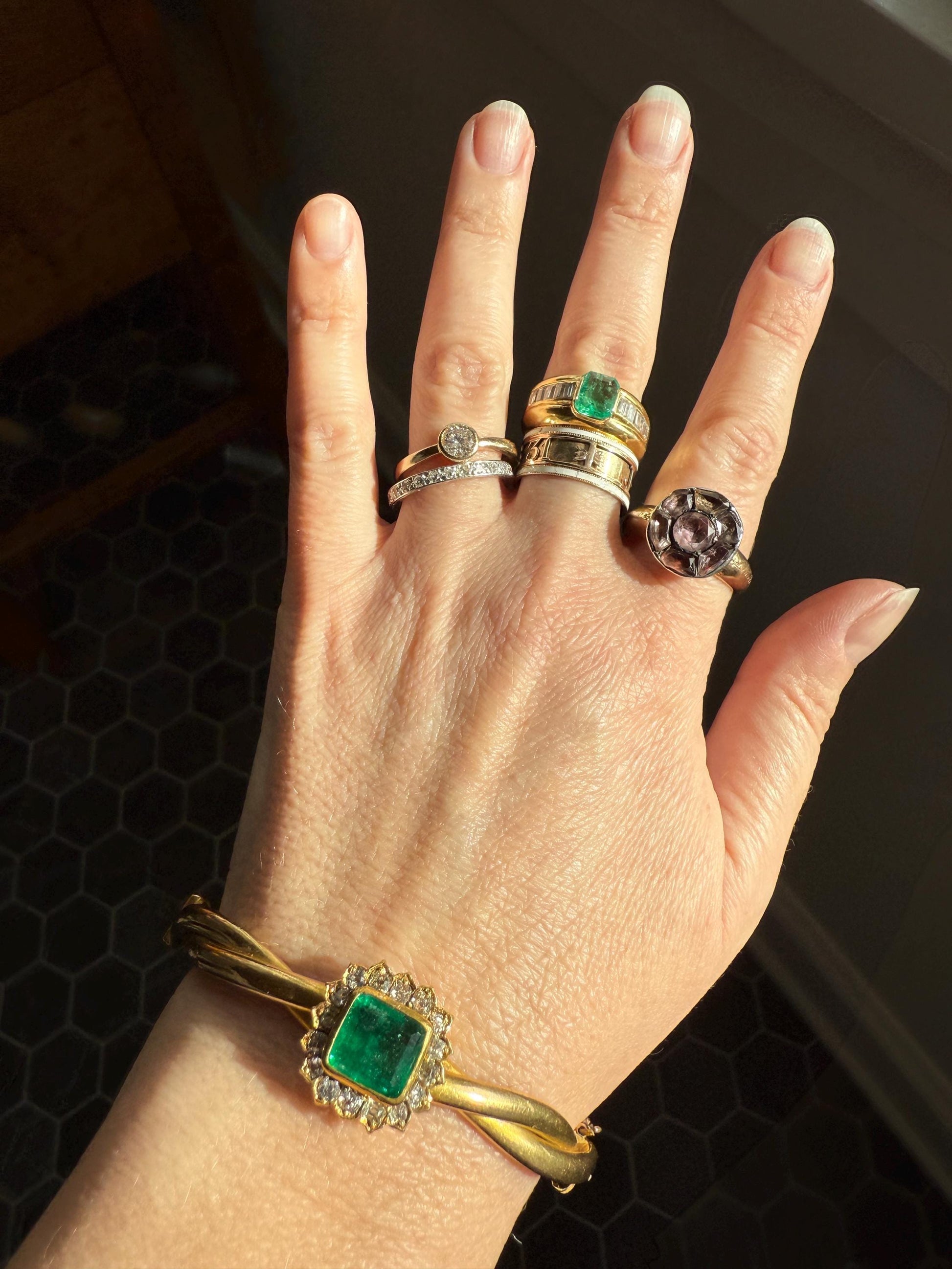 Antique Green Natural EMERALD Old Mine Cut Diamond Halo Hinged Bangle Bracelet 14k Solid Gold Rosy & YG Glowing Victorian Edwardian Twist