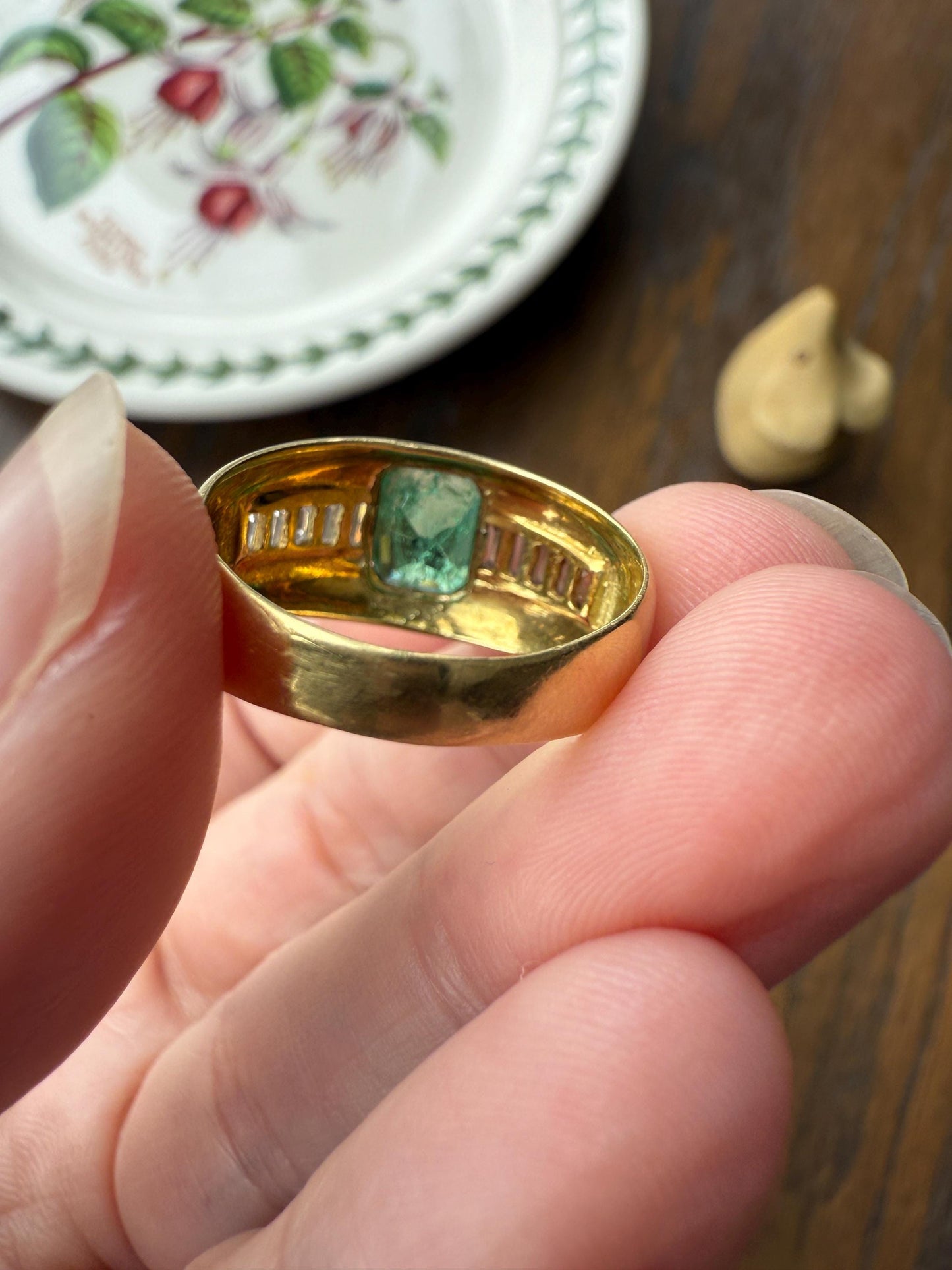 Chunky Green EMERALD Baguette Cut DIAMOND 6g 18k Gold Solid Vintage Gypsy Ring Domed Retro Wide Band Natural Geometric Stacker Man Unisex