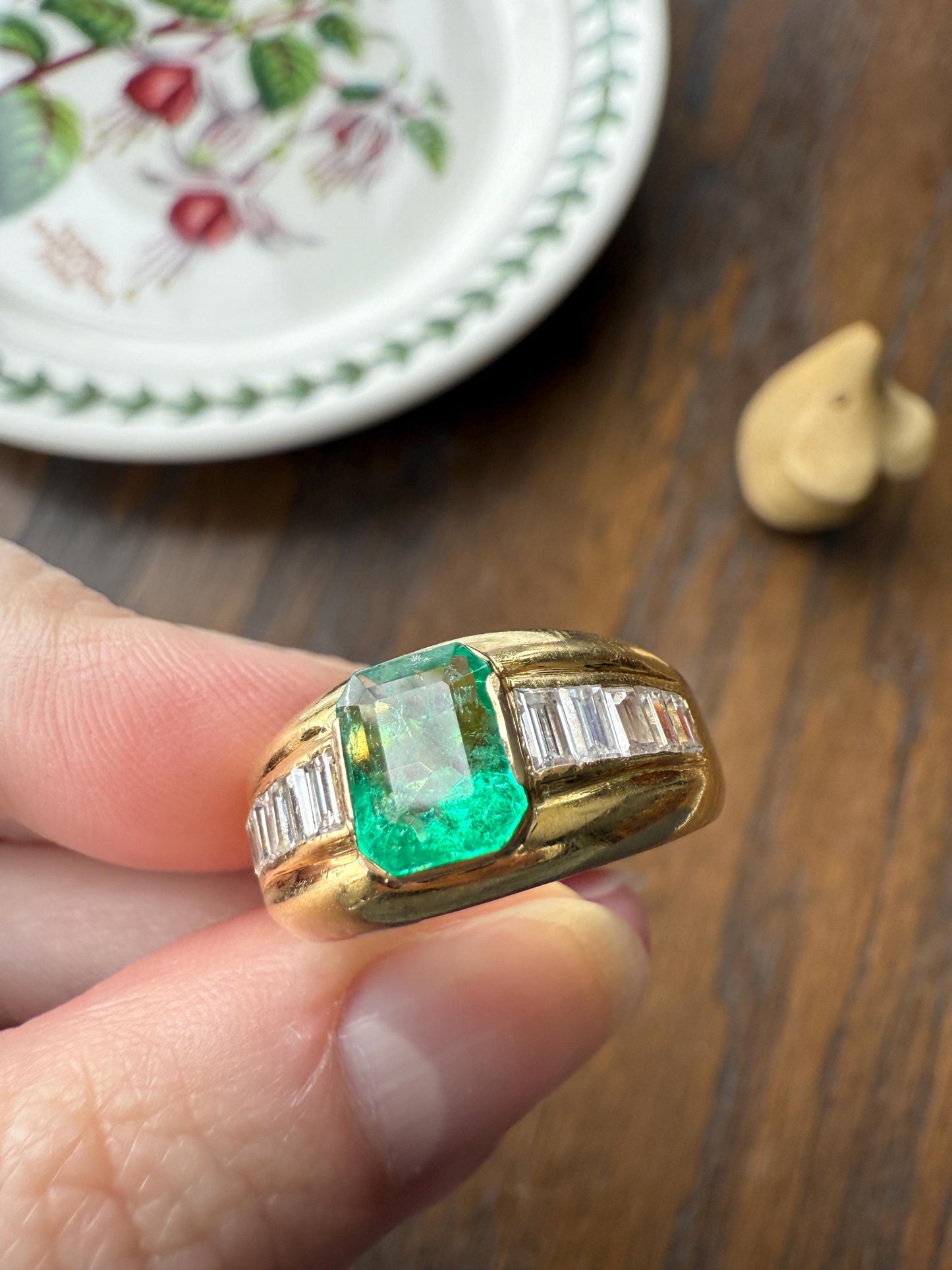 Chunky Green EMERALD Baguette Cut DIAMOND 6g 18k Gold Solid Vintage Gypsy Ring Domed Retro Wide Band Natural Geometric Stacker Man Unisex