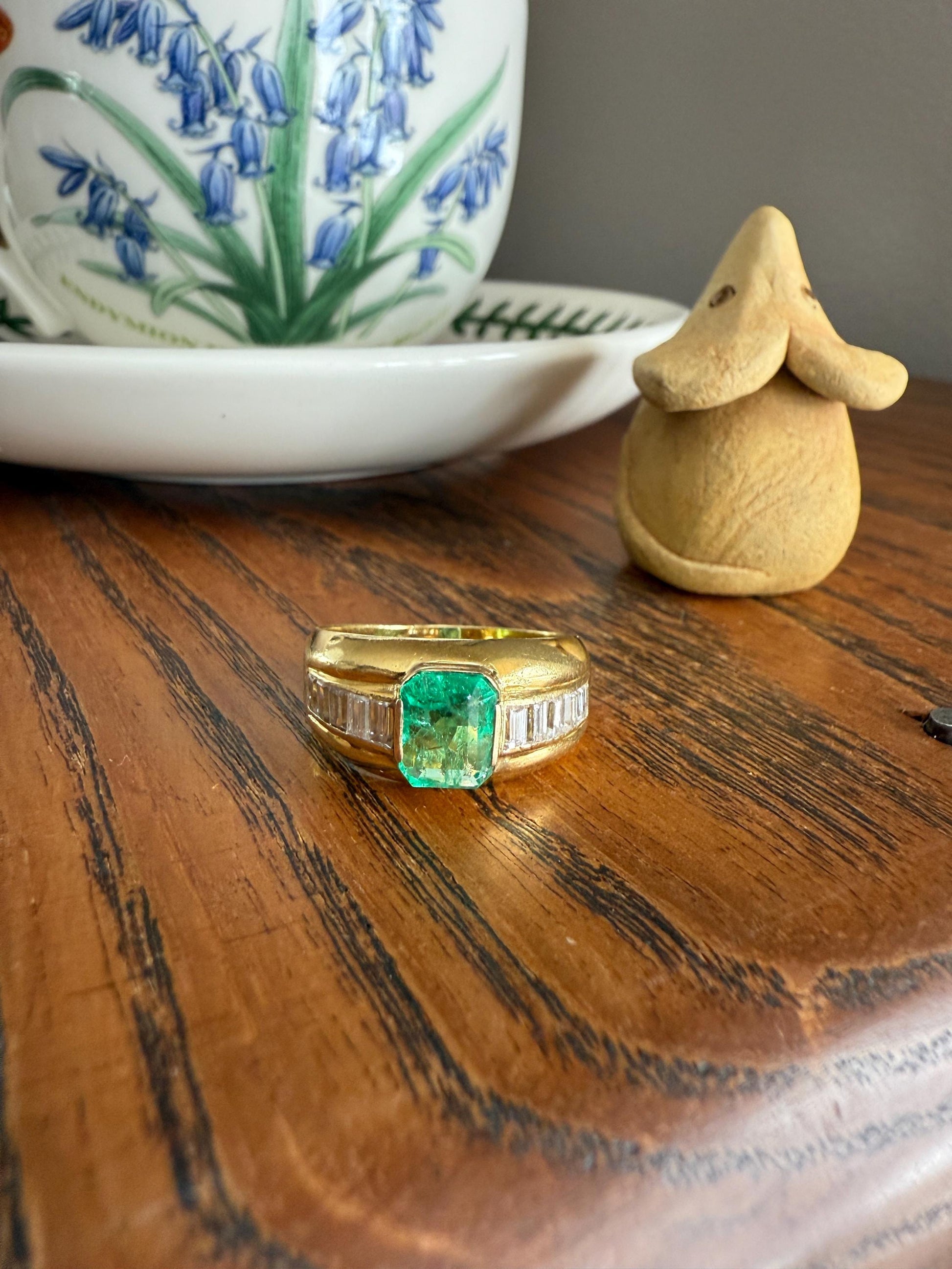 Chunky Green EMERALD Baguette Cut DIAMOND 6g 18k Gold Solid Vintage Gypsy Ring Domed Retro Wide Band Natural Geometric Stacker Man Unisex