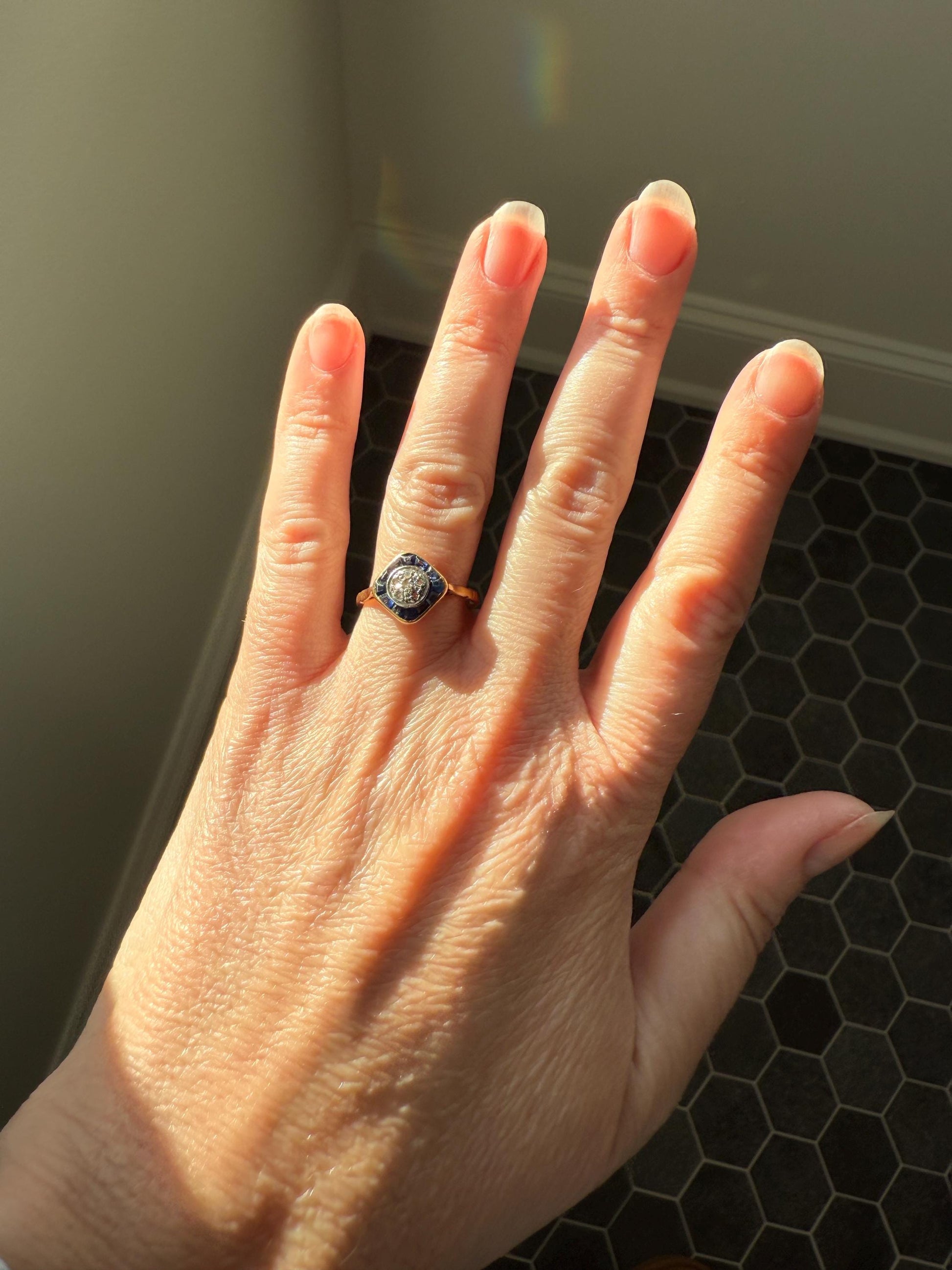 Antique Rose Cut Diamond Trapezoid Sapphire HALO Ring 18k Gold Blue Target Bullseye Square Geometric Stacker