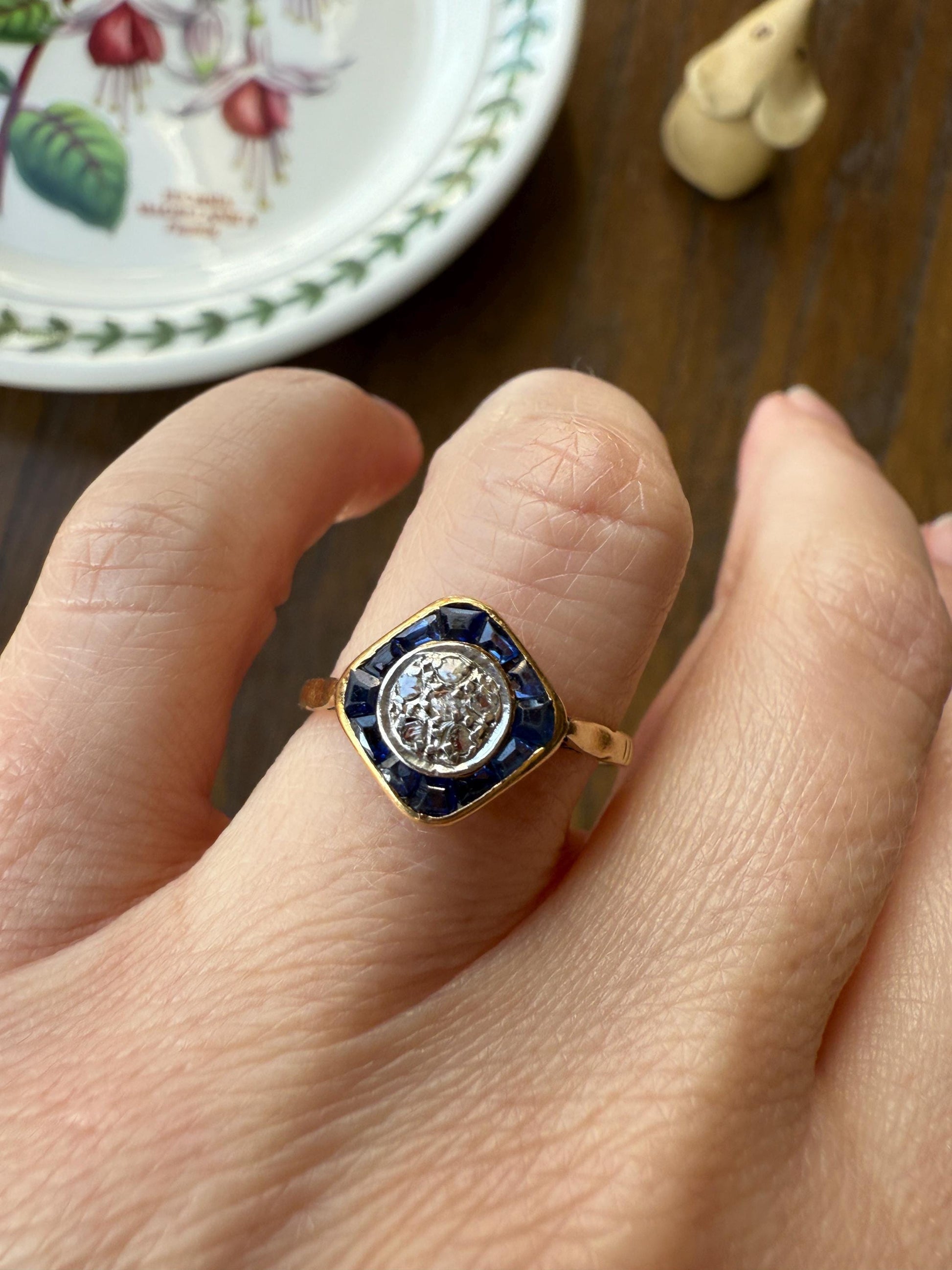 Antique Rose Cut Diamond Trapezoid Sapphire HALO Ring 18k Gold Blue Target Bullseye Square Geometric Stacker