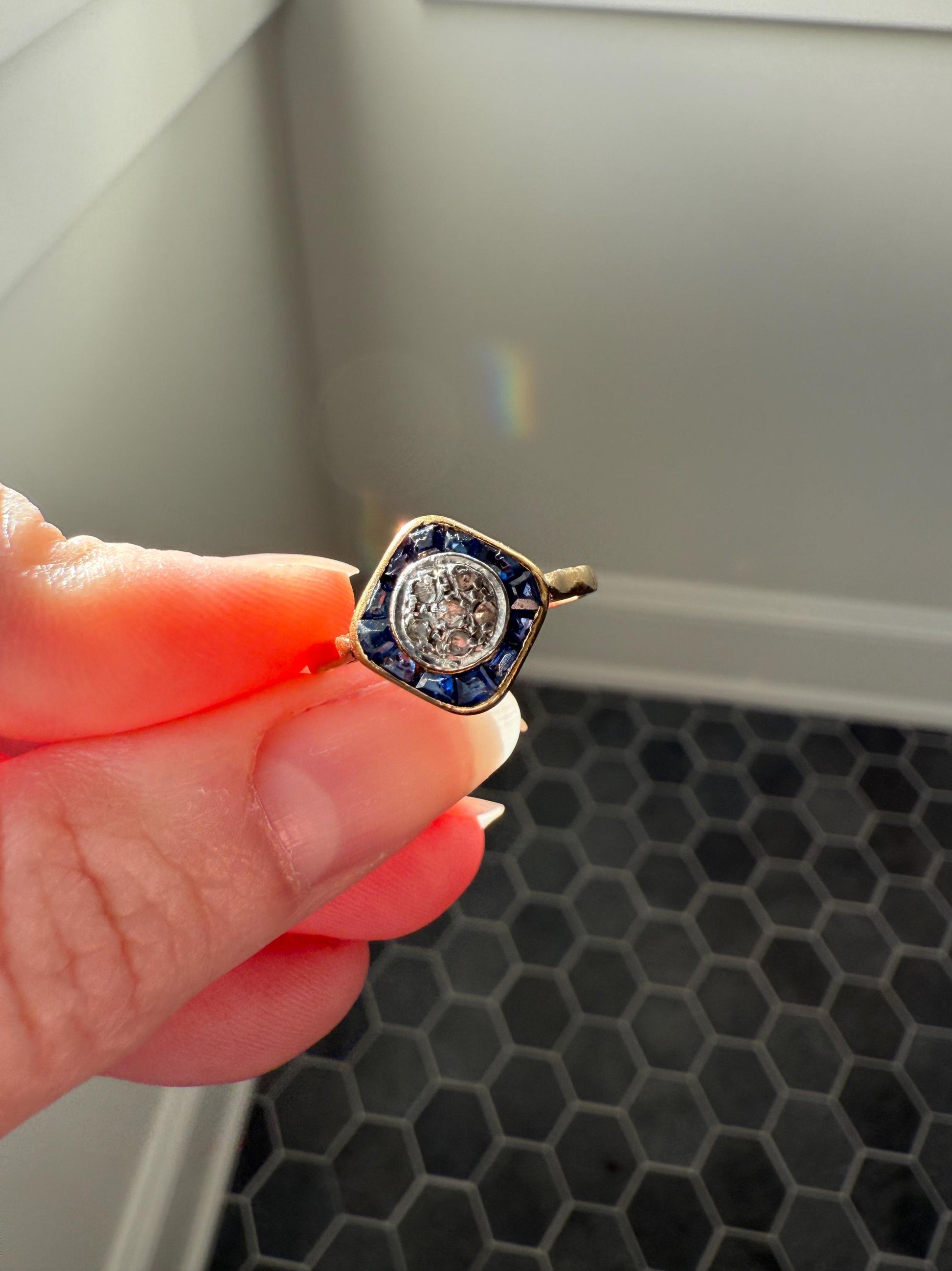 Antique Rose Cut Diamond Trapezoid Sapphire HALO Ring 18k Gold Blue Target Bullseye Square Geometric Stacker