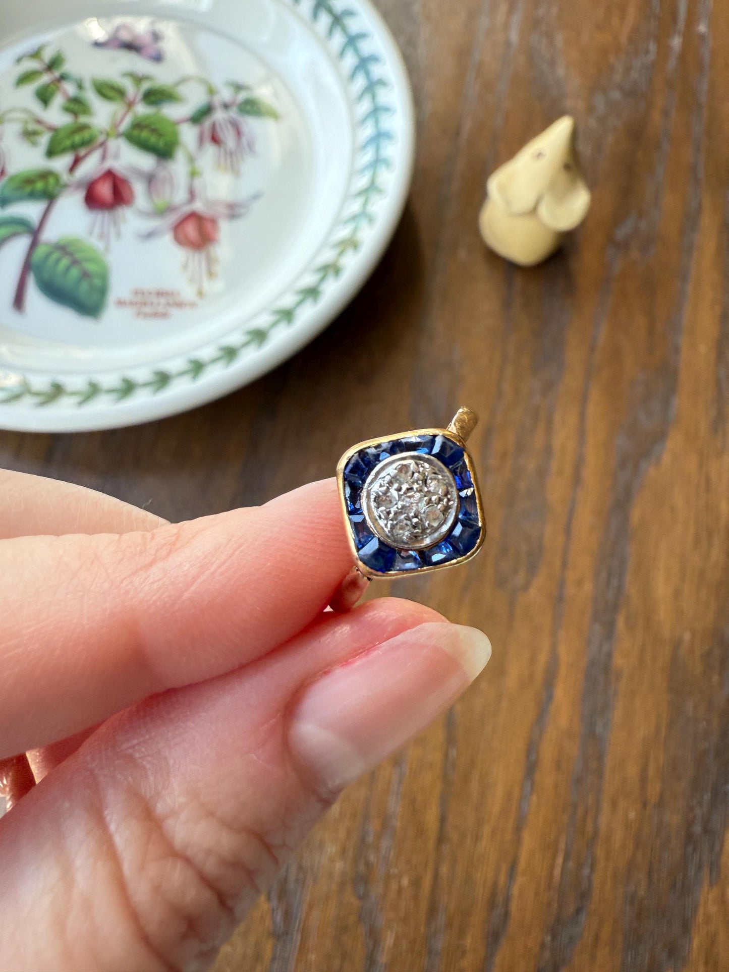 Antique Rose Cut Diamond Trapezoid Sapphire HALO Ring 18k Gold Blue Target Bullseye Square Geometric Stacker