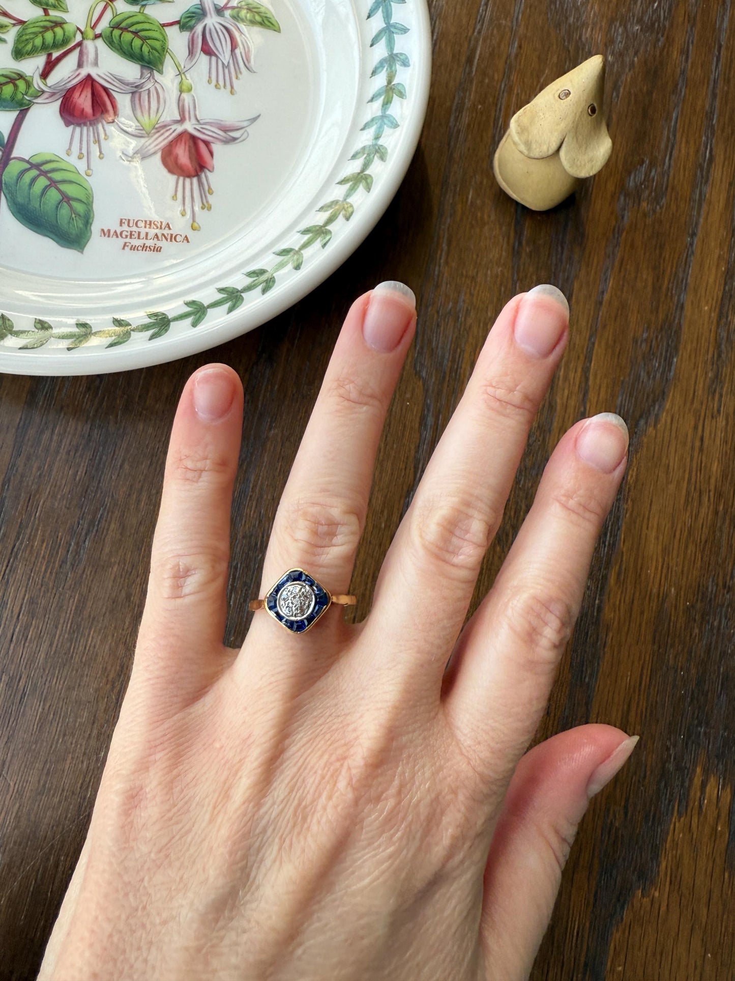 Antique Rose Cut Diamond Trapezoid Sapphire HALO Ring 18k Gold Blue Target Bullseye Square Geometric Stacker