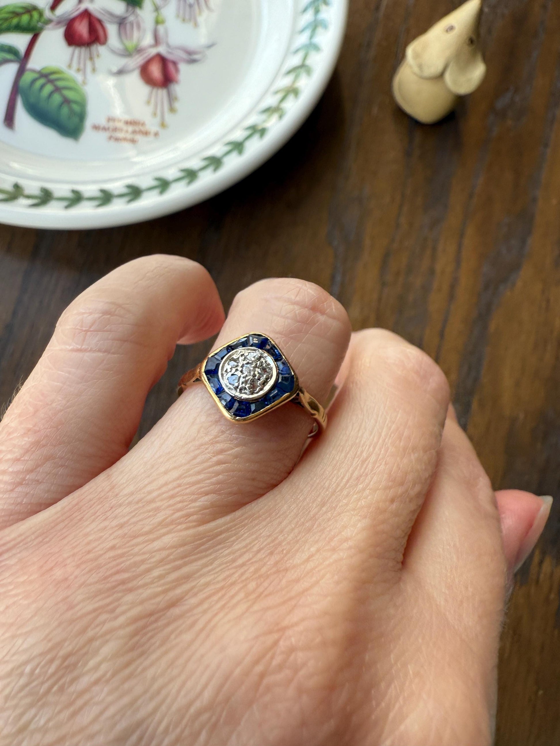 Antique Rose Cut Diamond Trapezoid Sapphire HALO Ring 18k Gold Blue Target Bullseye Square Geometric Stacker