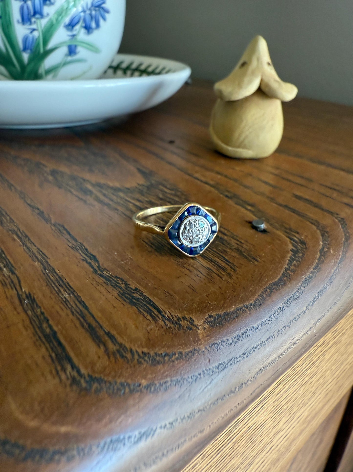 Antique Rose Cut Diamond Trapezoid Sapphire HALO Ring 18k Gold Blue Target Bullseye Square Geometric Stacker