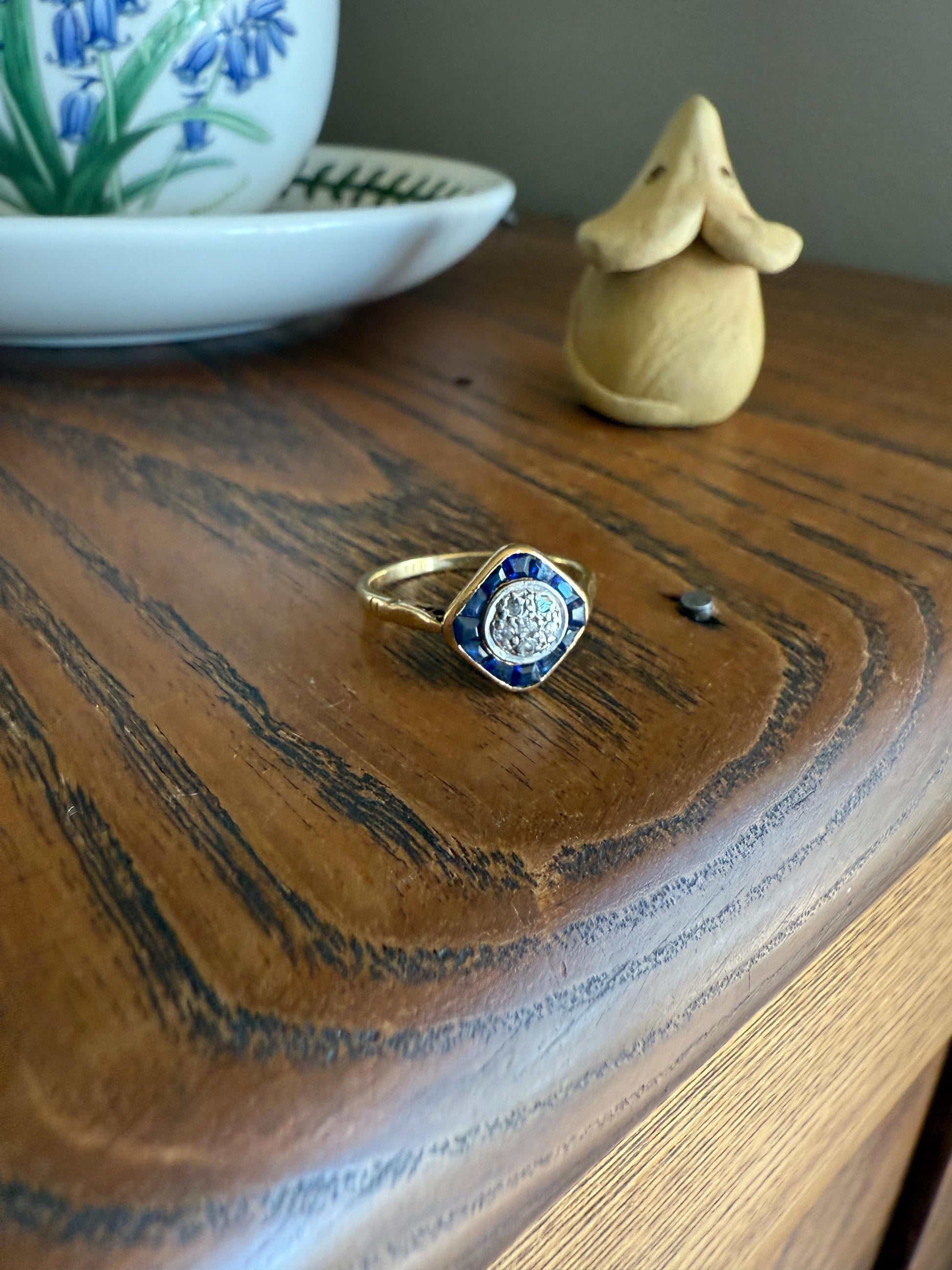 Antique Rose Cut Diamond Trapezoid Sapphire HALO Ring 18k Gold Blue Target Bullseye Square Geometric Stacker