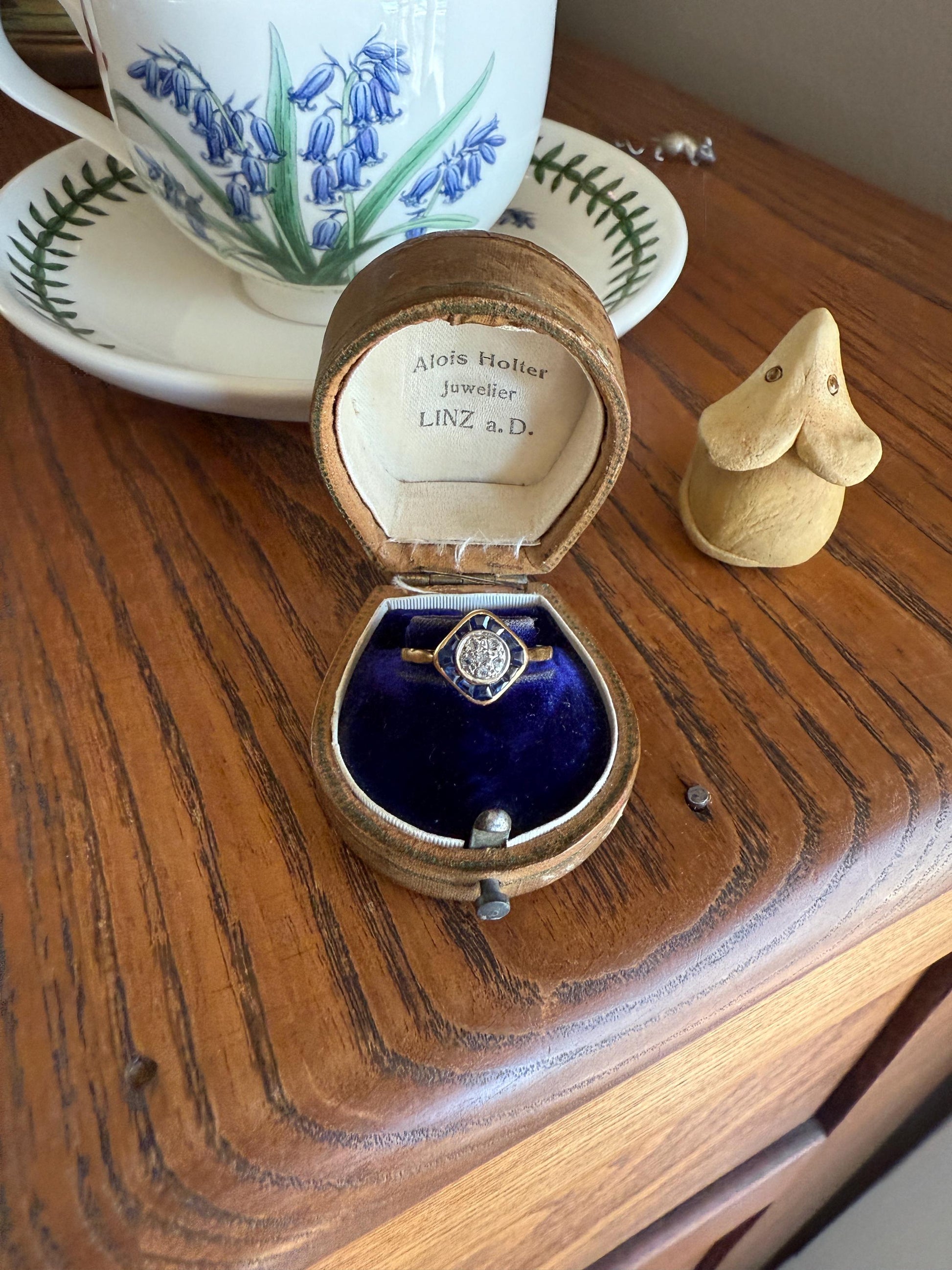 Antique Rose Cut Diamond Trapezoid Sapphire HALO Ring 18k Gold Blue Target Bullseye Square Geometric Stacker