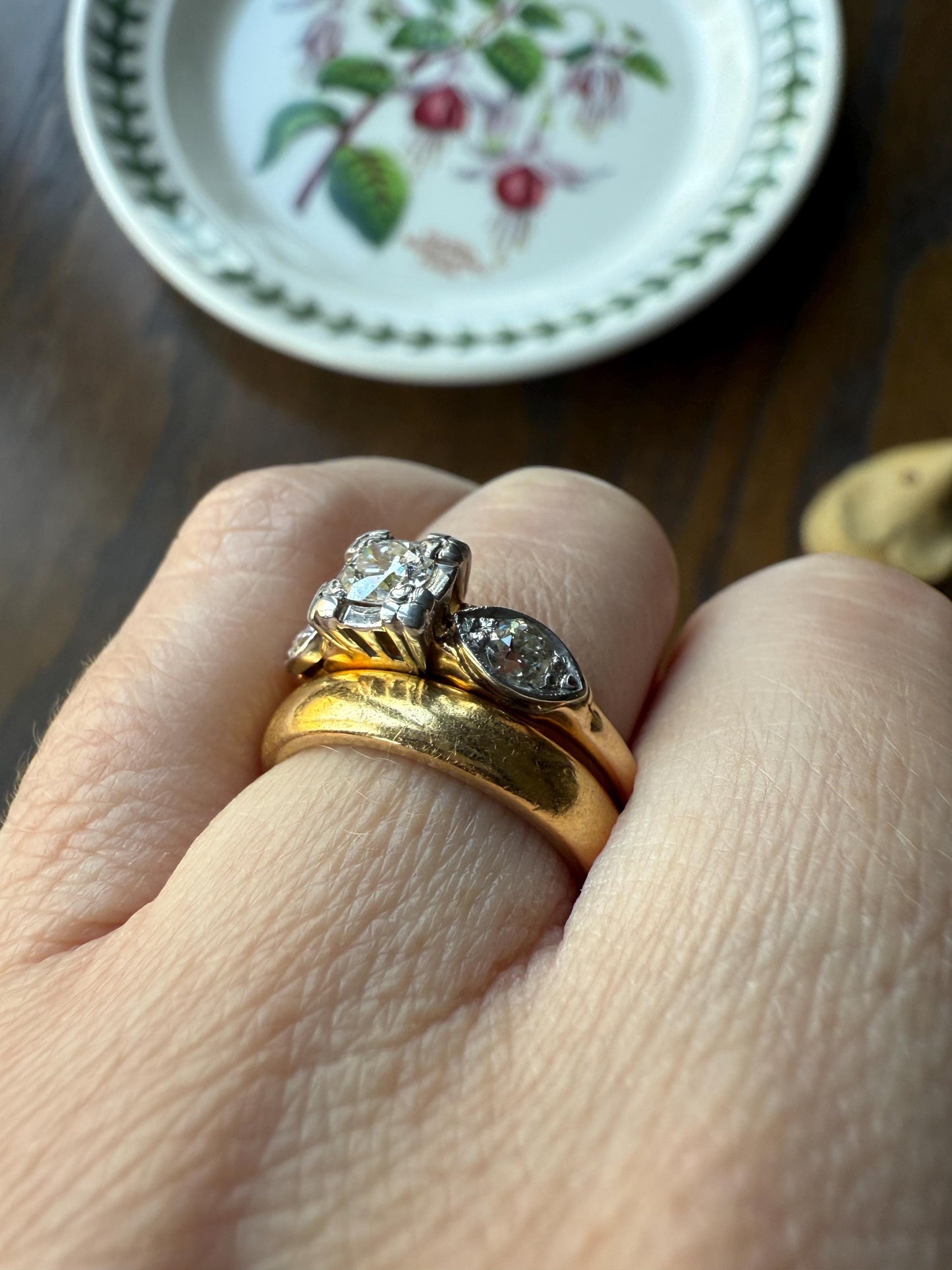 Old European Cut Diamond .75 Carat Tdw Three Stone Ring Solitaire with Accents Engagement Ring 14k Gold Platinum Edwardian Art Deco