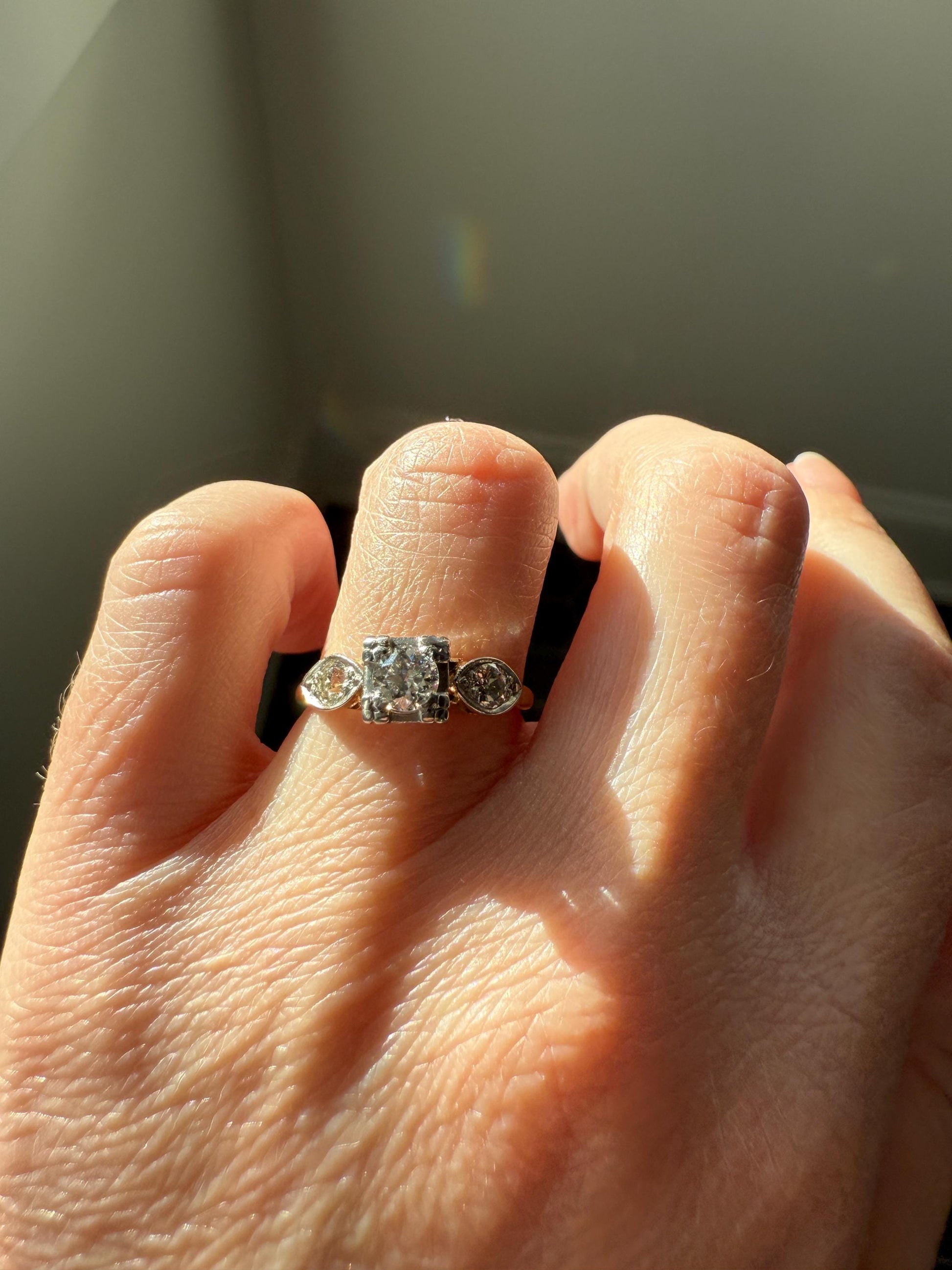 Old European Cut Diamond .75 Carat Tdw Three Stone Ring Solitaire with Accents Engagement Ring 14k Gold Platinum Edwardian Art Deco