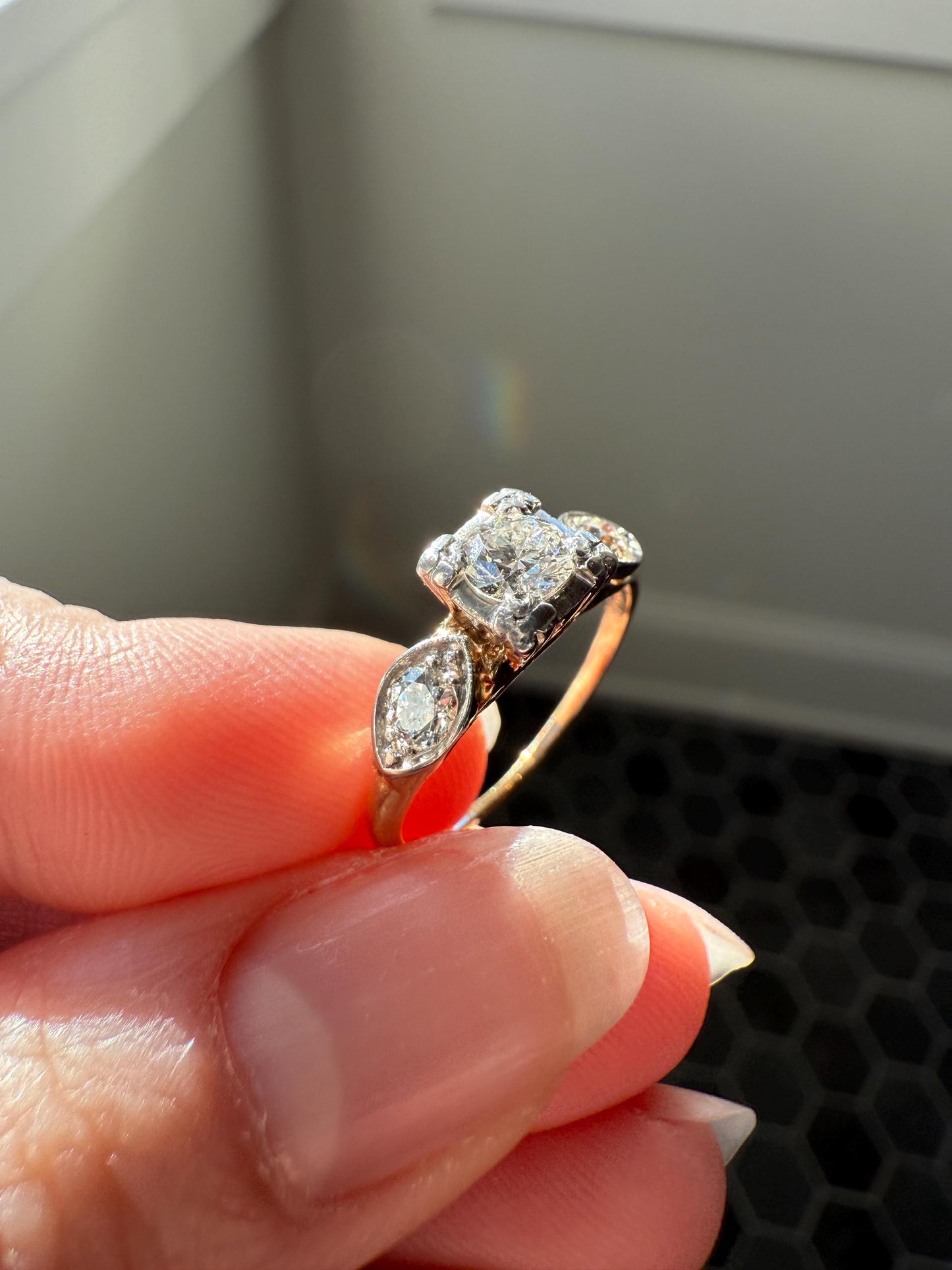 Old European Cut Diamond .75 Carat Tdw Three Stone Ring Solitaire with Accents Engagement Ring 14k Gold Platinum Edwardian Art Deco