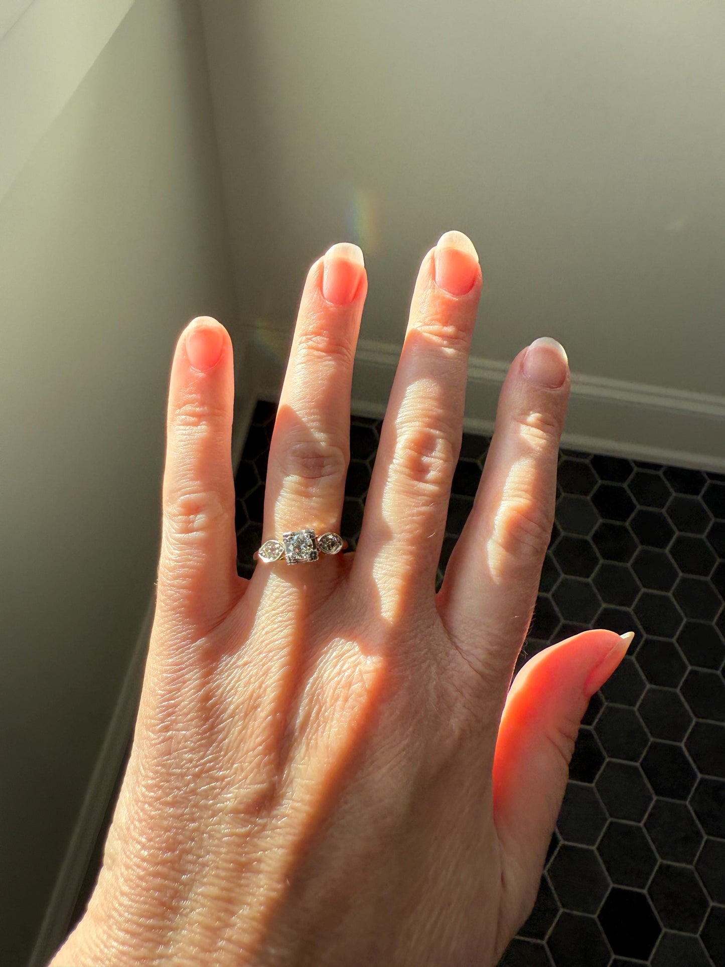 Old European Cut Diamond .75 Carat Tdw Three Stone Ring Solitaire with Accents Engagement Ring 14k Gold Platinum Edwardian Art Deco