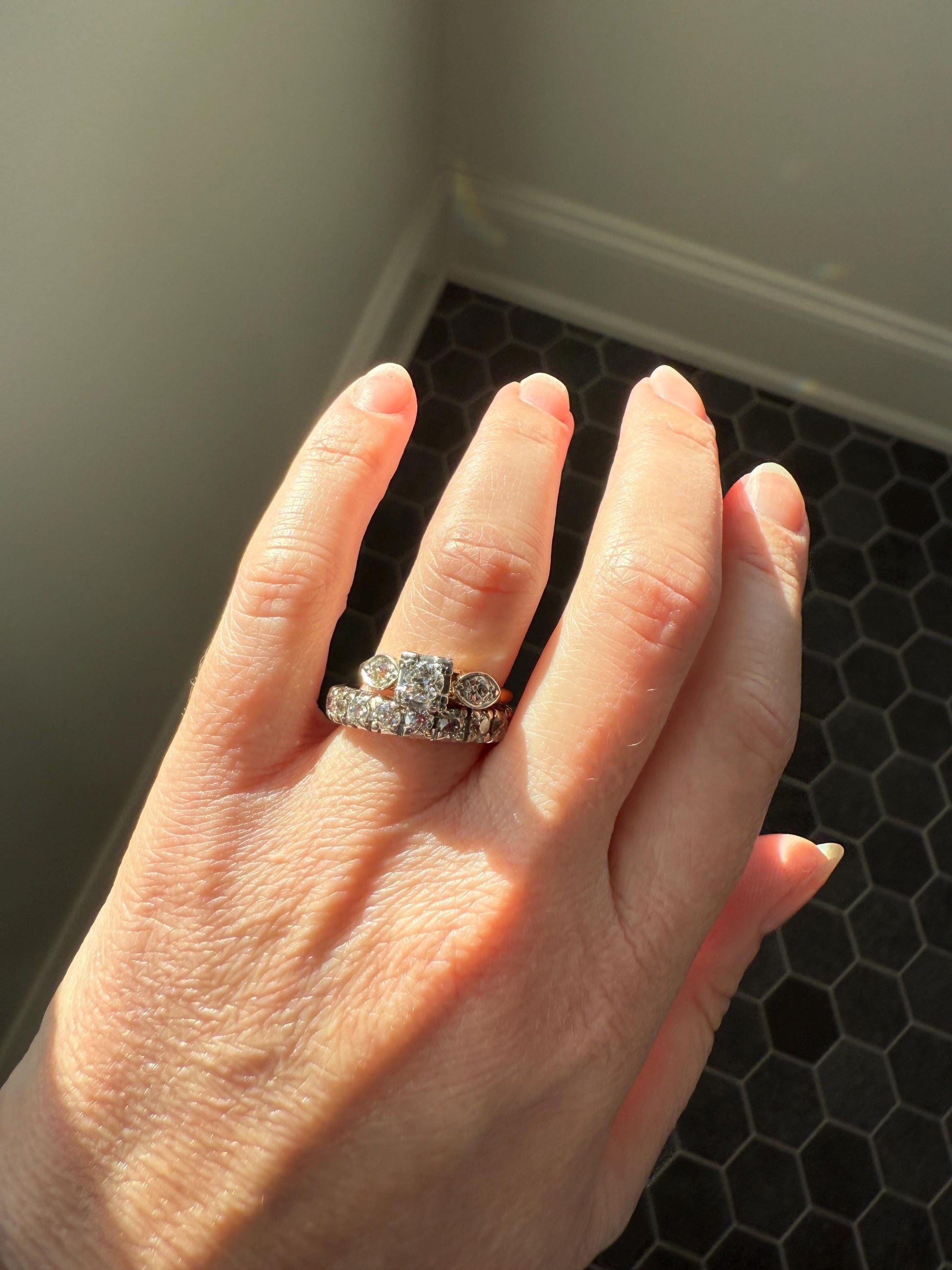 Old European Cut Diamond .75 Carat Tdw Three Stone Ring Solitaire with Accents Engagement Ring 14k Gold Platinum Edwardian Art Deco