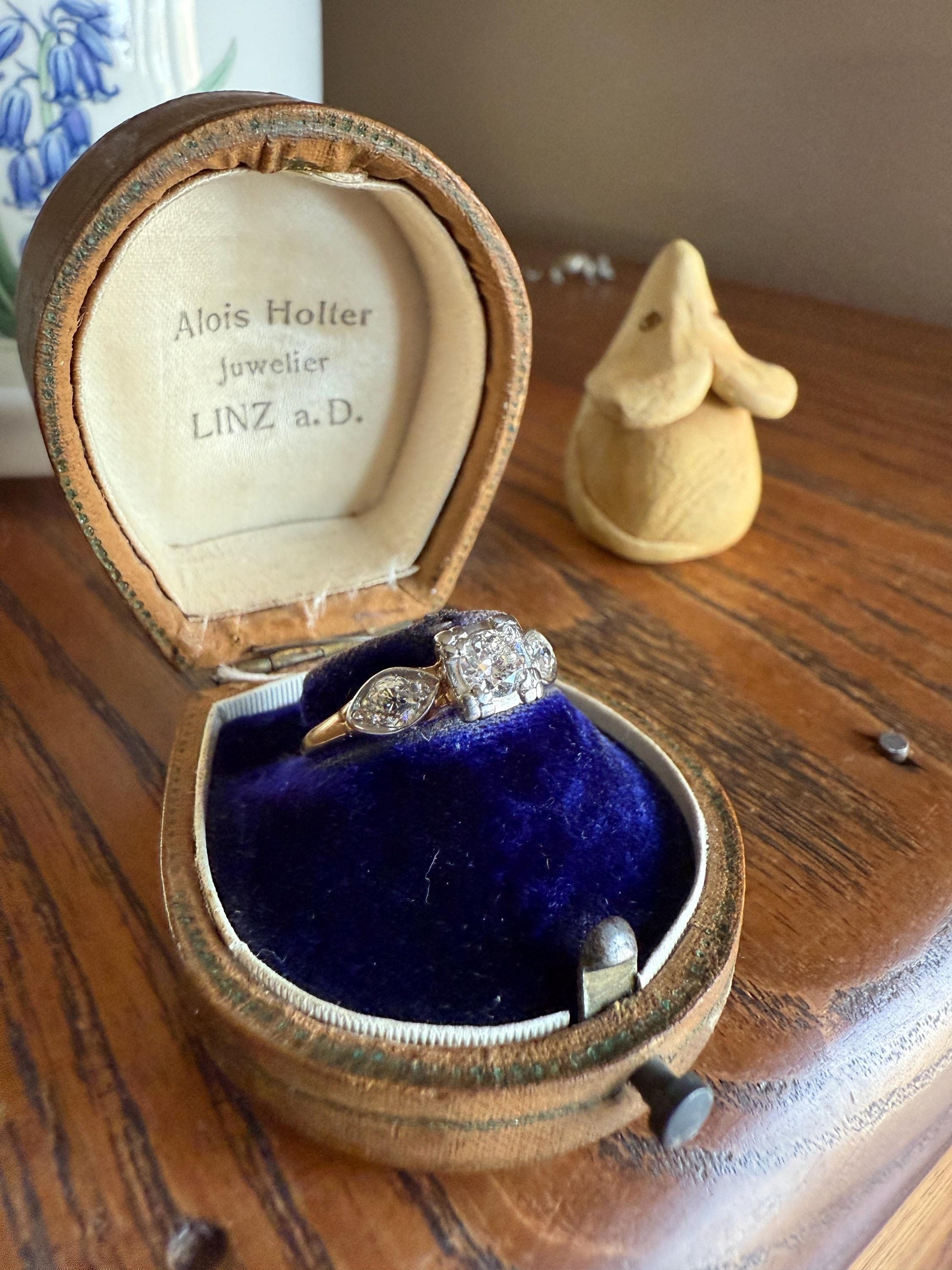 Old European Cut Diamond .75 Carat Tdw Three Stone Ring Solitaire with Accents Engagement Ring 14k Gold Platinum Edwardian Art Deco