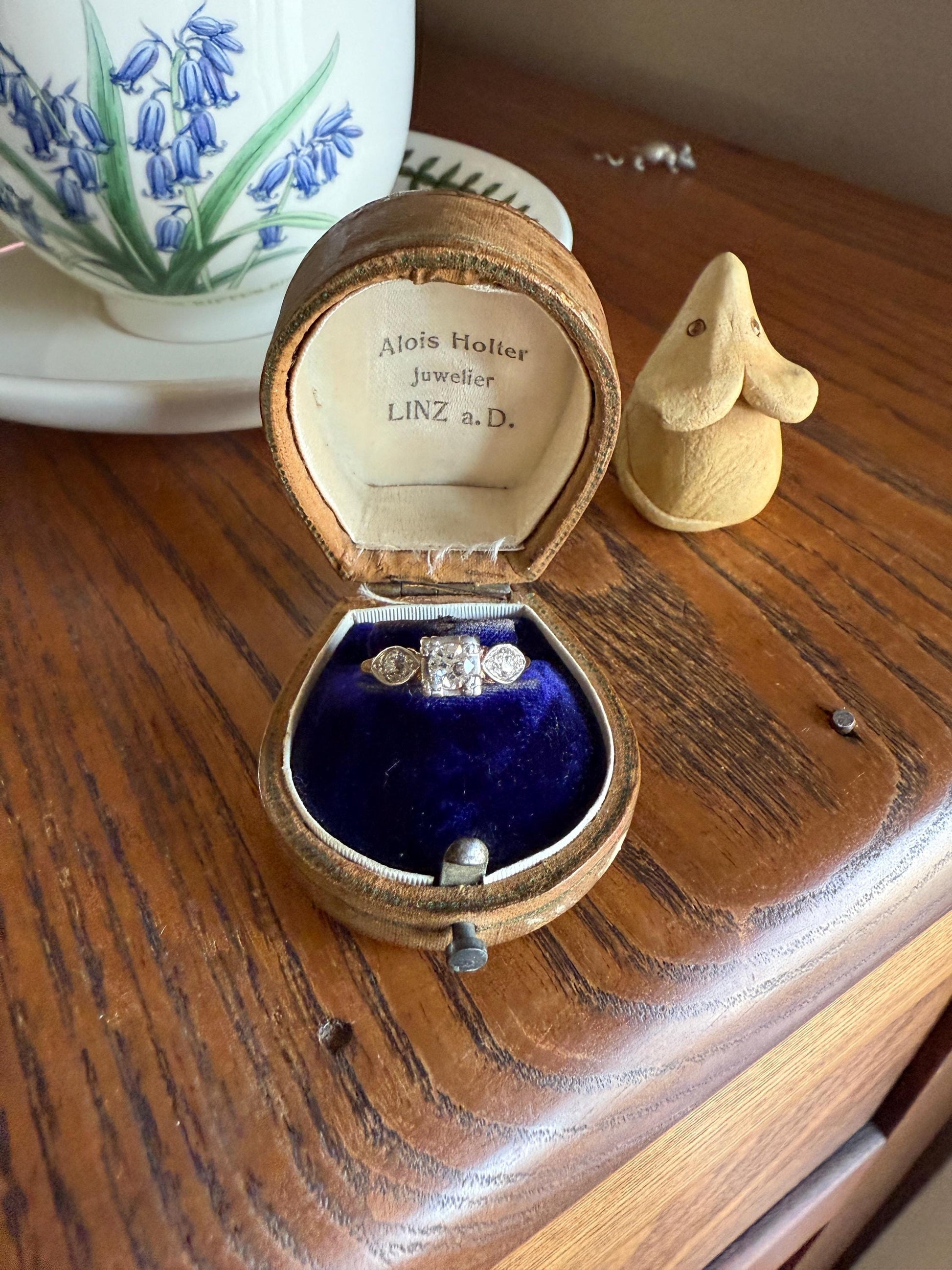 Old European Cut Diamond .75 Carat Tdw Three Stone Ring Solitaire with Accents Engagement Ring 14k Gold Platinum Edwardian Art Deco