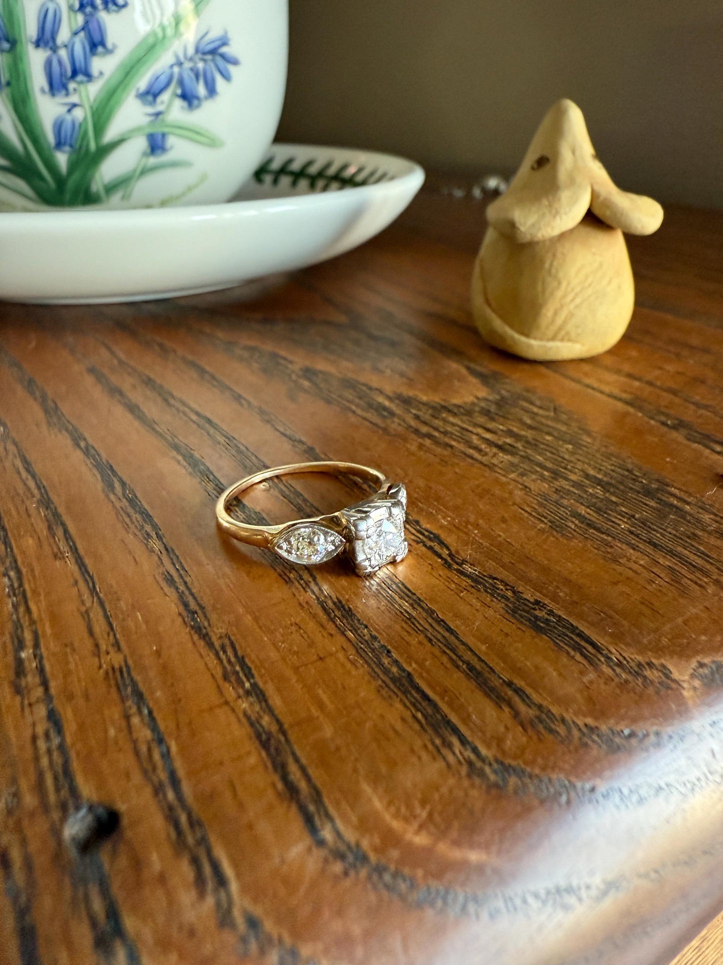 Old European Cut Diamond .75 Carat Tdw Three Stone Ring Solitaire with Accents Engagement Ring 14k Gold Platinum Edwardian Art Deco