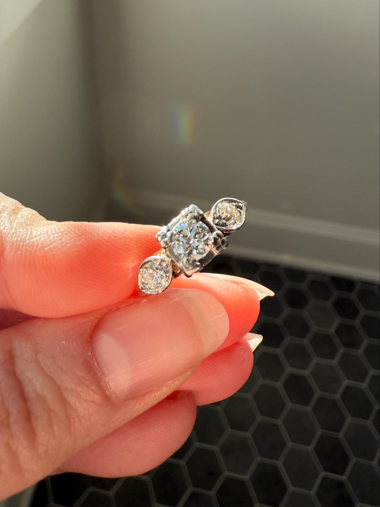 Old European Cut Diamond .75 Carat Tdw Three Stone Ring Solitaire with Accents Engagement Ring 14k Gold Platinum Edwardian Art Deco