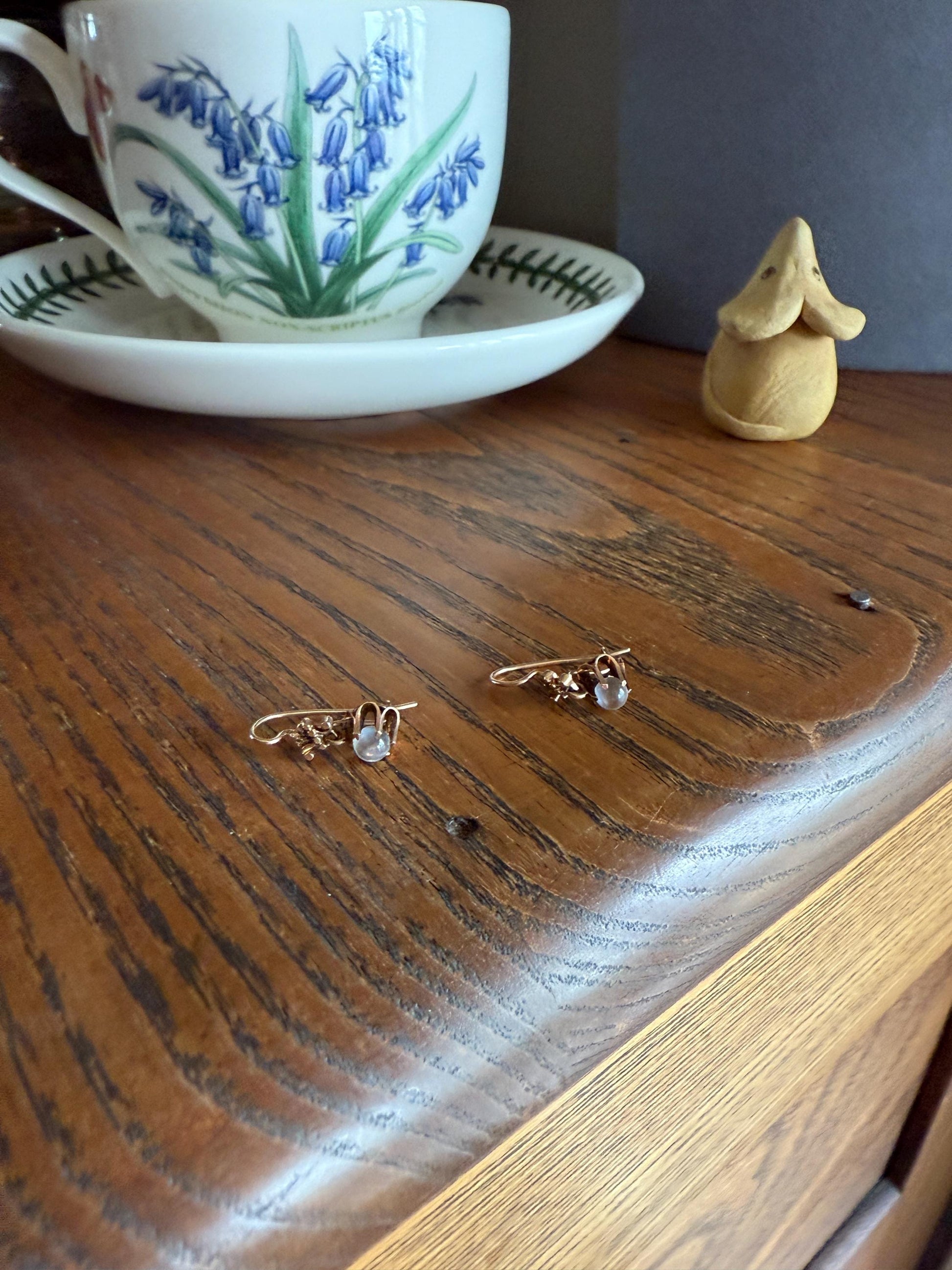 Antique Blue Moonstone ORB Victorian Dangle Earrings Buttercup Prongs 14k Rosy Gold Glowing Drops