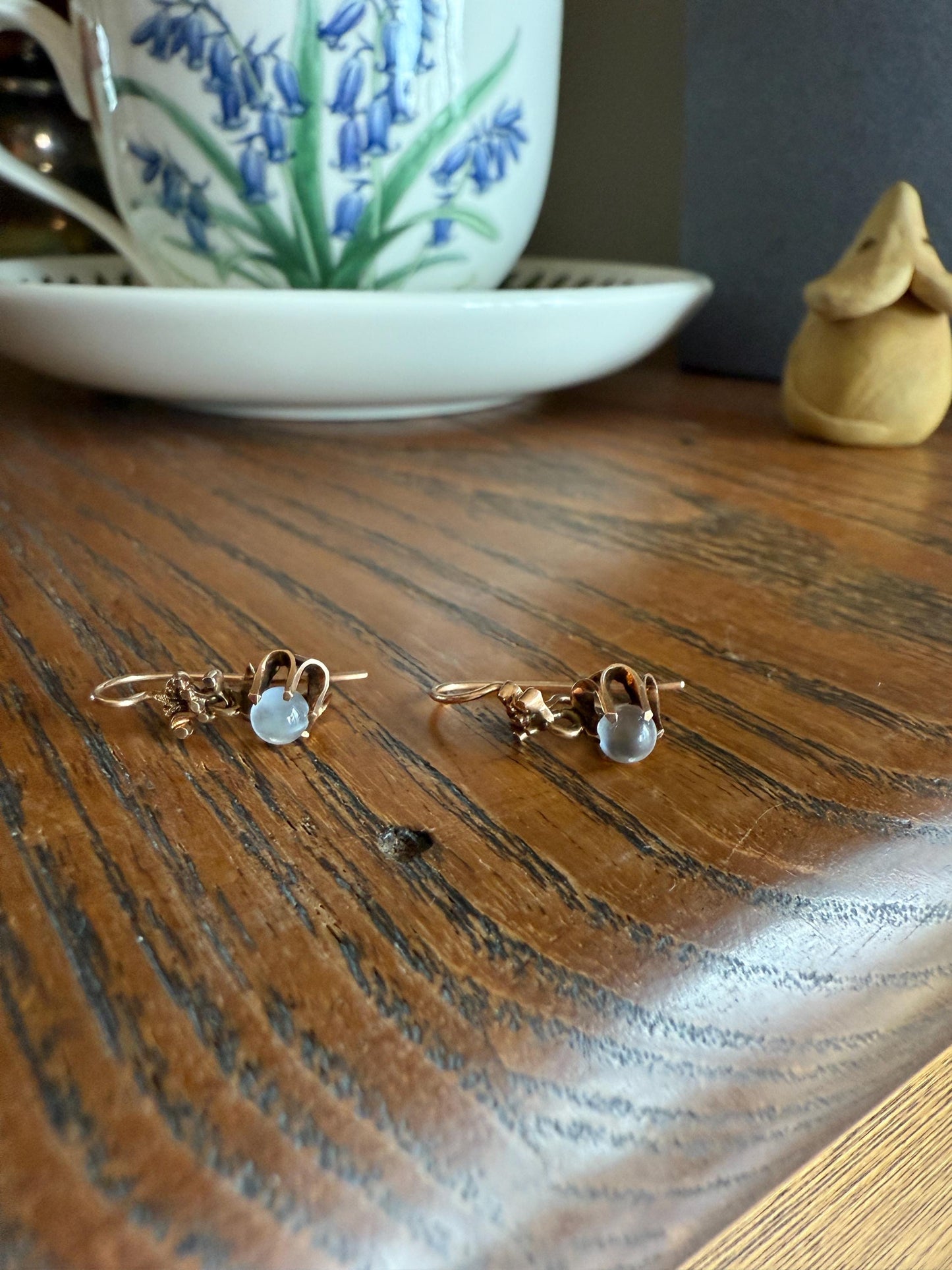 Antique Blue Moonstone ORB Victorian Dangle Earrings Buttercup Prongs 14k Rosy Gold Glowing Drops