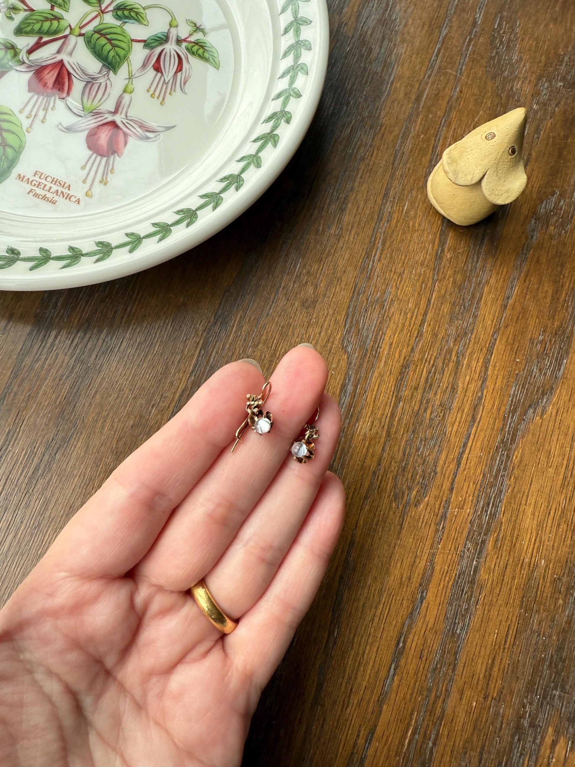 Antique Blue Moonstone ORB Victorian Dangle Earrings Buttercup Prongs 14k Rosy Gold Glowing Drops