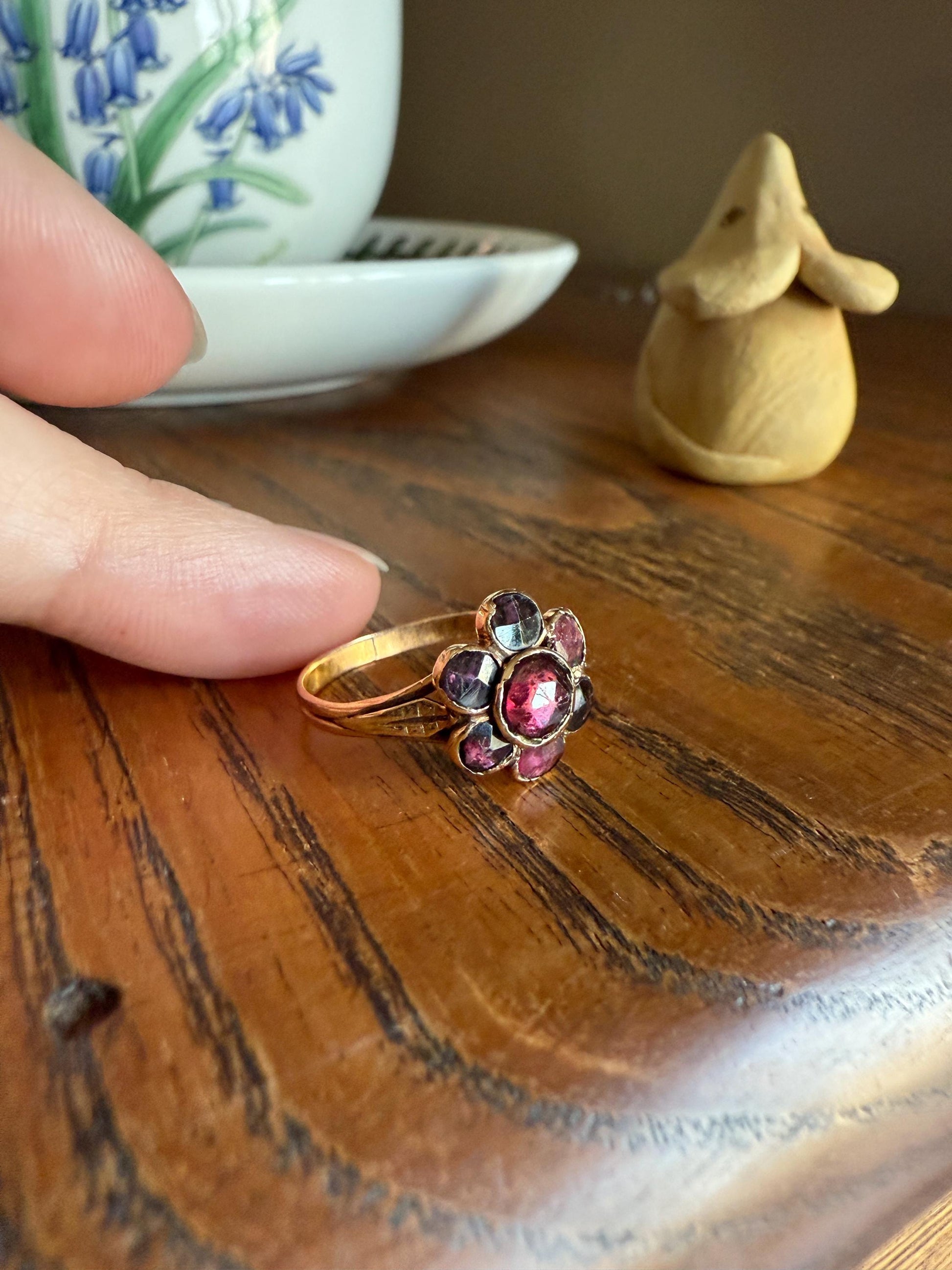 Perpignan GARNET Almandine Cluster Ring French VICTORIAN Era Hallmark 18k Gold Floral Daisy Glowing Purple Pink