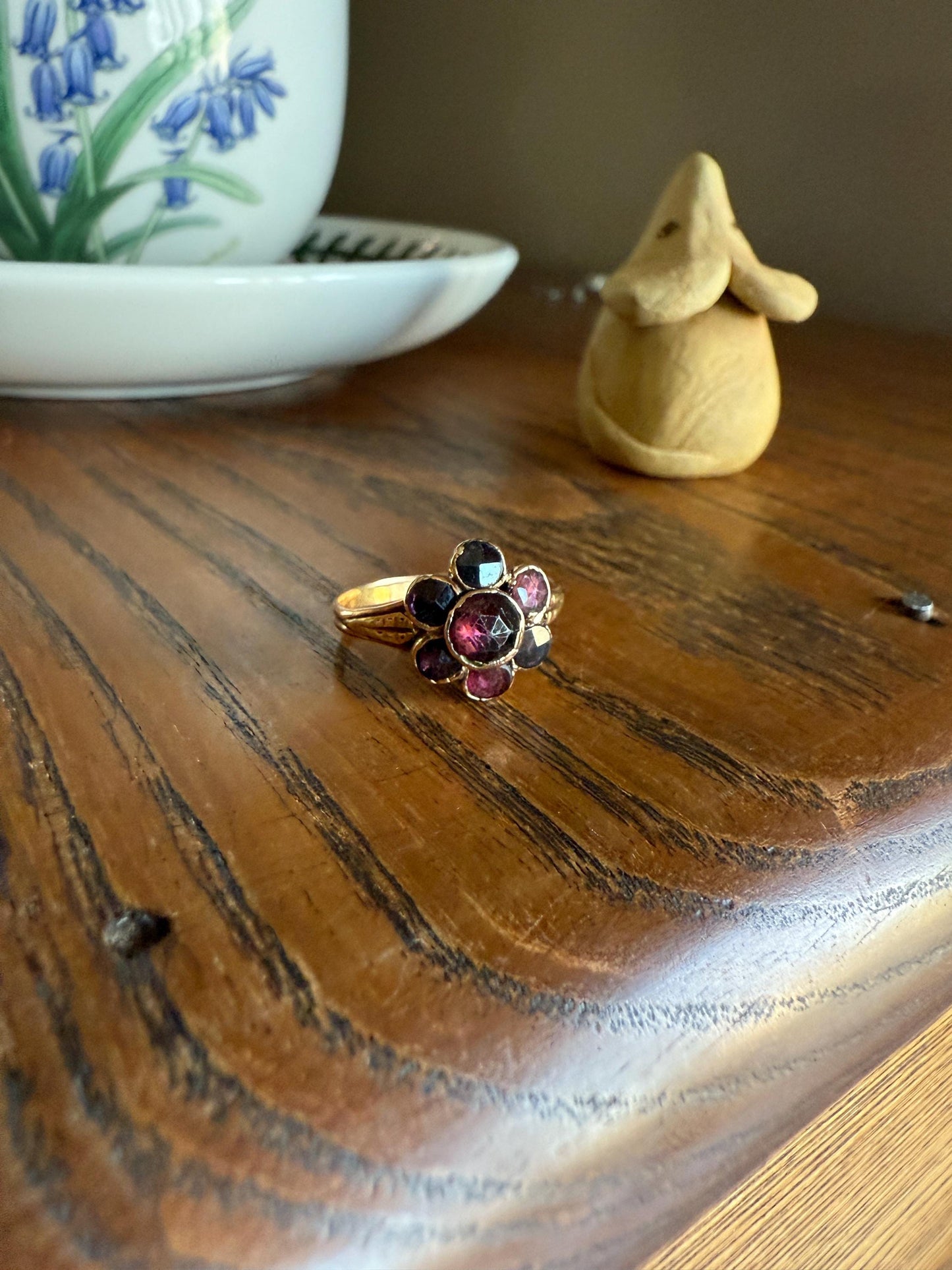 Perpignan GARNET Almandine Cluster Ring French VICTORIAN Era Hallmark 18k Gold Floral Daisy Glowing Purple Pink