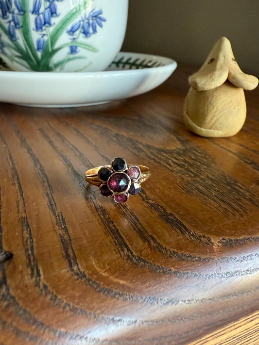 Perpignan GARNET Almandine Cluster Ring French VICTORIAN Era Hallmark 18k Gold Floral Daisy Glowing Purple Pink