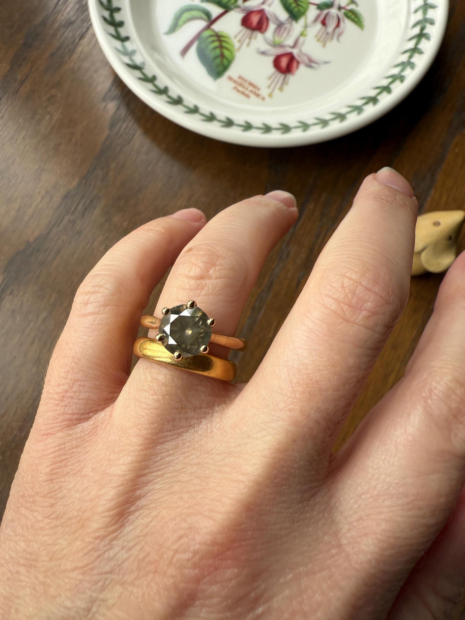 Fancy Intense Yellowish Gray Natural Diamond 2.4 Carat Solitaire Ring Smoky Inner Glow Aura French Vintage 18k Gold Unique Engagement Ooak