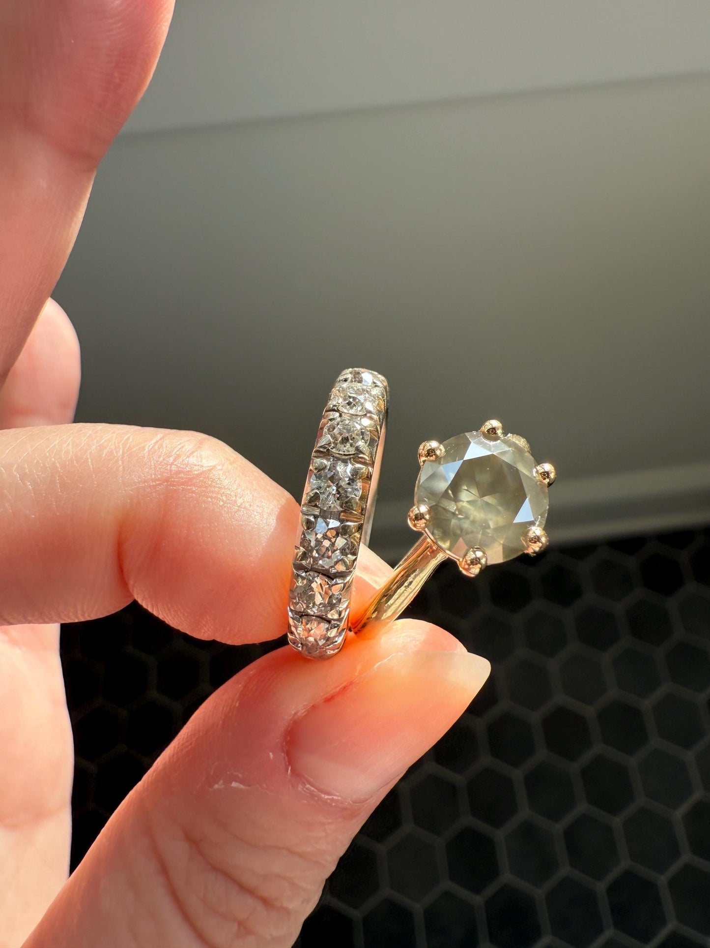 Fancy Intense Yellowish Gray Natural Diamond 2.4 Carat Solitaire Ring Smoky Inner Glow Aura French Vintage 18k Gold Unique Engagement Ooak