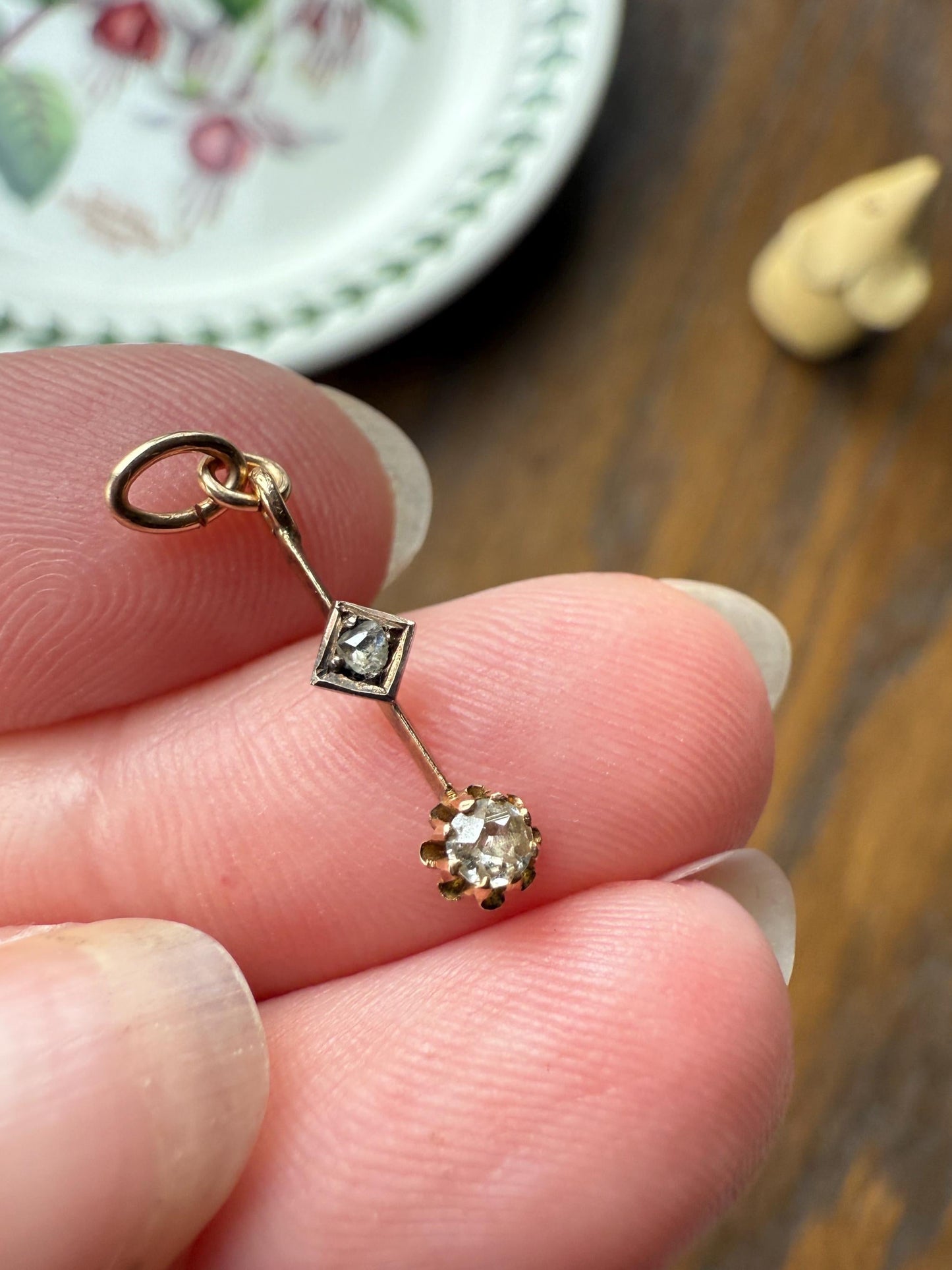 VICTORIAN Antique Old Mine Cut DIAMOND Rose Cut Dangle PENDANT Linear Charm 18k Gold 10k Loop French Belle Epoque Buttercup Minimalist Gift